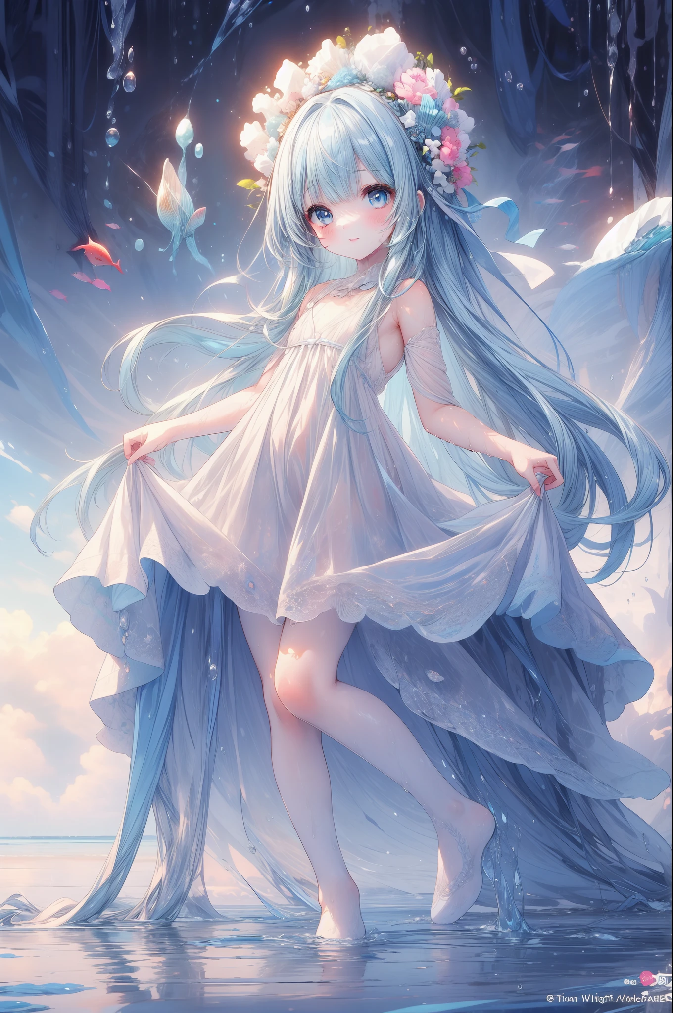 masterpiece, best quality, extremely detailed, (illustration, official art:1.1), 1 girl ,(((( light blue long hair)))), ,(((( light blue long hair)))),light blue hair, ,10 years old, long hair ((blush)) , cute face, big eyes, masterpiece, best quality,(((((a very delicate and beautiful girl))))),Amazing,beautiful detailed eyes,blunt bangs((((little delicate girl)))),tareme(true beautiful:1.2), sense of depth,dynamic angle,,,, affectionate smile, (true beautiful:1.2),,(tiny 1girl model:1.2),)(flat chest)),(muste piece), (best quality), very detailed, 1 girl, perfect face, (solo full body shot:1.3), very detailed顔,(white long hair:1.5),(blue eyes:1.4),(in water:1.4),(white dress:1.5),Ocean,coral reef,School of small fish,Light,bubble,jellyfish,Ocean algae,(Deep Ocean:1.4),fantasy,ocean bottom,float
