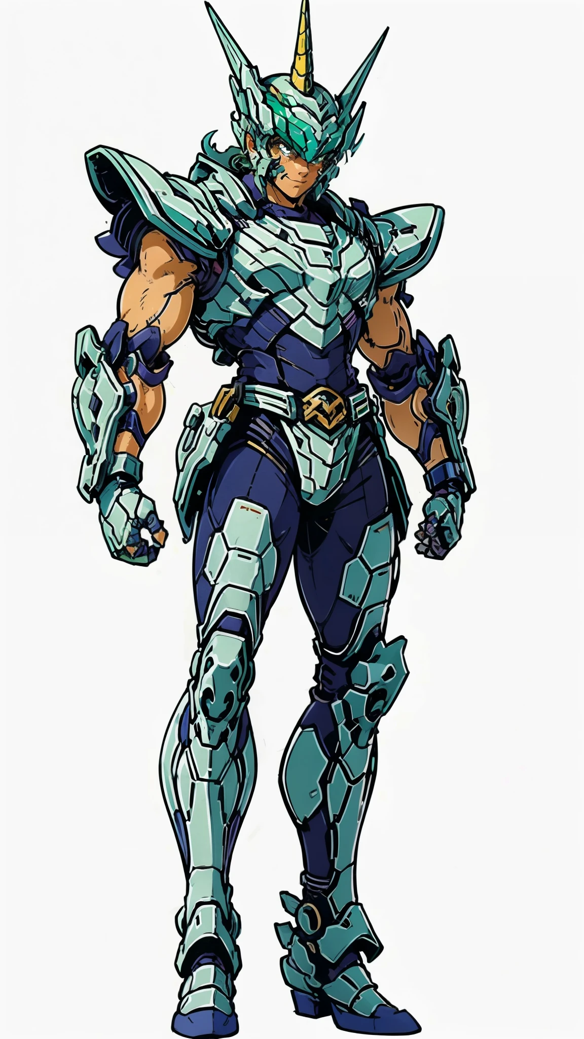 A man wearing a full-face helmet, a fantasy-style biotech armored combat suit, green eyes, (a composite layered chest armor), fully enclosed shoulder guards, matching arm and leg guards, the belt is adorned with Horseshoe-shaped marker, (the color scheme is primarily white with green accents), the design balances heavy with agility, a high-tech bio-mecha armor, (Armor Concept Inspired by Unicorn, stand on the top of a skyscraper in a futuristic sci-fi city), this character embodies a finely crafted fantasy-surreal style armored hero in anime style, exquisite and mature manga art style, (battle damage, element, plasma, energy, the armor glows), ((male:1.5)), metallic, real texture material, dramatic, high definition, best quality, highres, ultra-detailed, ultra-fine painting, extremely delicate, professional, perfect body proportions, golden ratio, anatomically correct, symmetrical face, extremely detailed eyes and face, high quality eyes, creativity, RAW photo, UHD, 32k, Natural light, cinematic lighting, masterpiece-anatomy-perfect, masterpiece:1.5