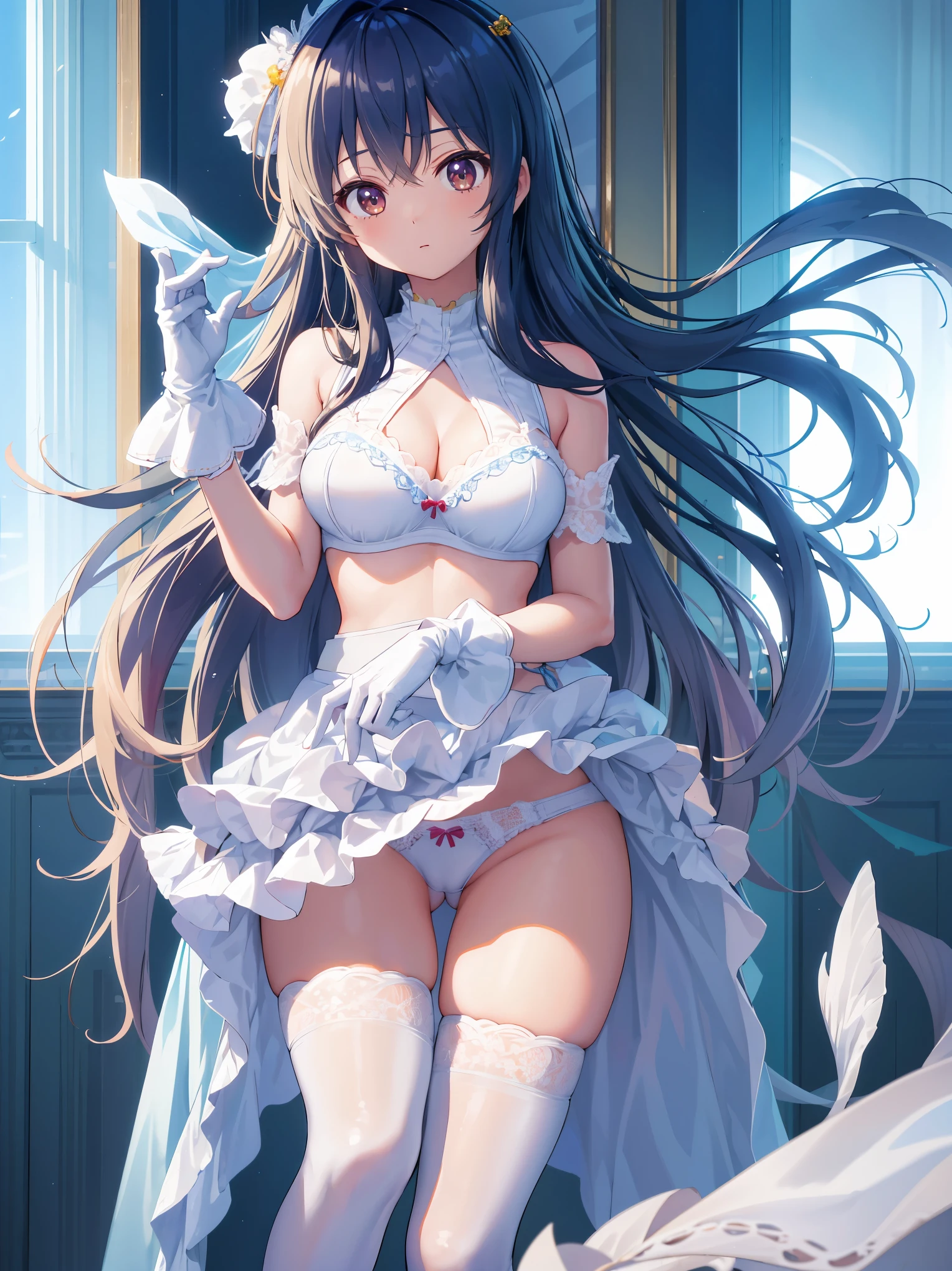 (1 girl),((high quality)), ((High resolution)), ((Very detailed)), (8k),(CG)、(Cute Bra)、(Cute Panties)、(Knee-high stockings)、Long Hand Gloves、Neutral white lighting,Sexy pose、Messy Hair、Hands behind the head、