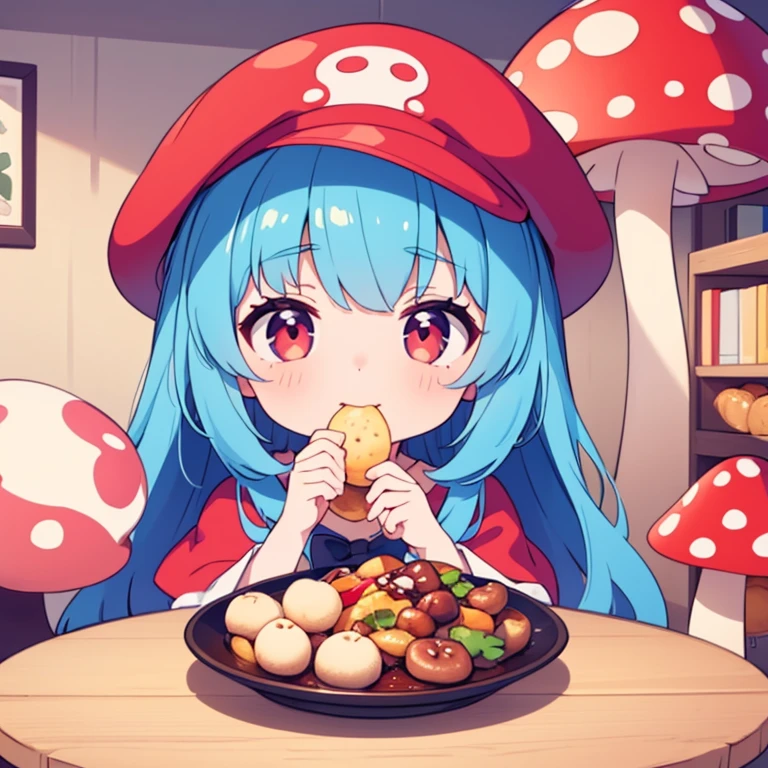 ((highest quality)), ((masterpiece)), (detailed), Perfect Face、A cute  wearing a hat with red mushroom round spots is eating mushroom food