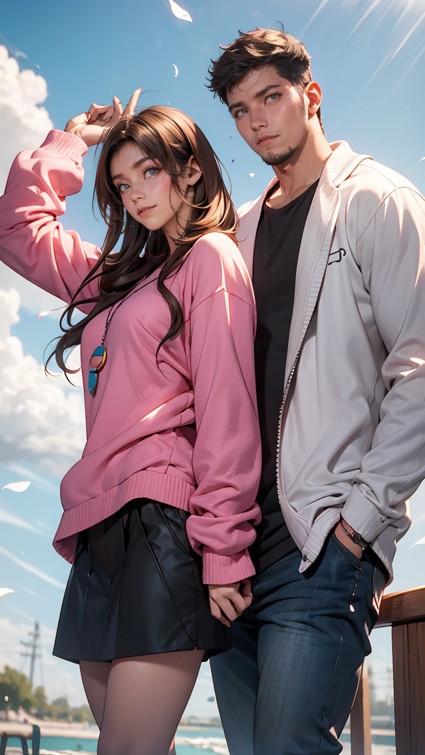 masterpiece, anime, highest quality, 2 others, Couple, mature, Adult, Height difference, Different Fashion, Different colors, Casual clothing, Long sleeve, smile, Happy, like, Swirling Wind, blue sky, Long-haired men, Woman with light brown hair, Black-haired woman, Black-haired woman  