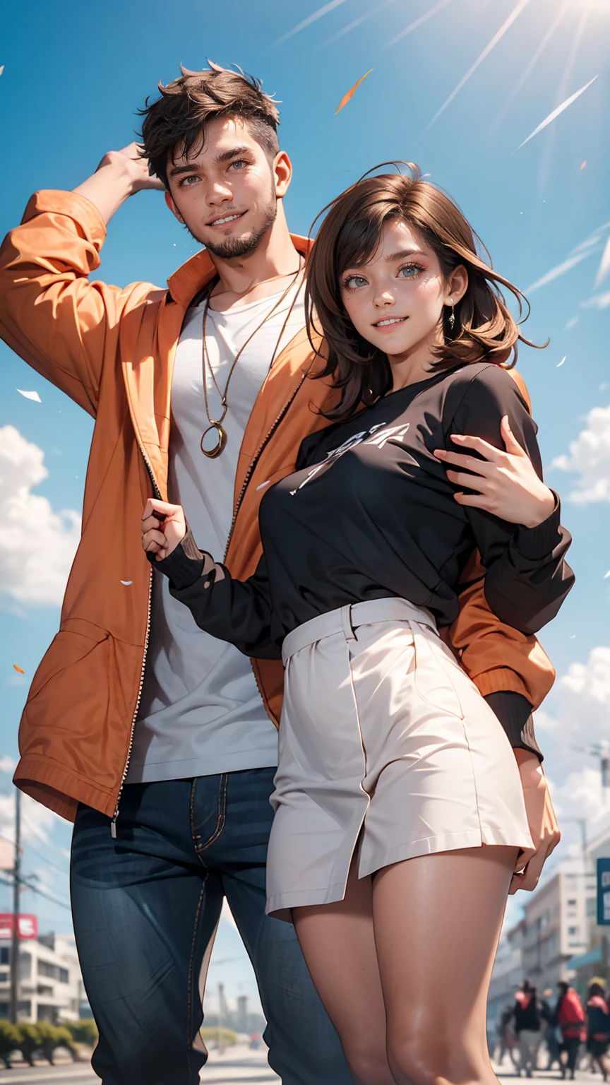 masterpiece, anime, highest quality, 2 others, Couple, mature, Adult, Height difference, Different Fashion, Different colors, Casual clothing, Long sleeve, smile, Happy, like, Swirling Wind, blue sky, Long-haired men, Woman with light brown hair, Black-haired woman, Black-haired woman  