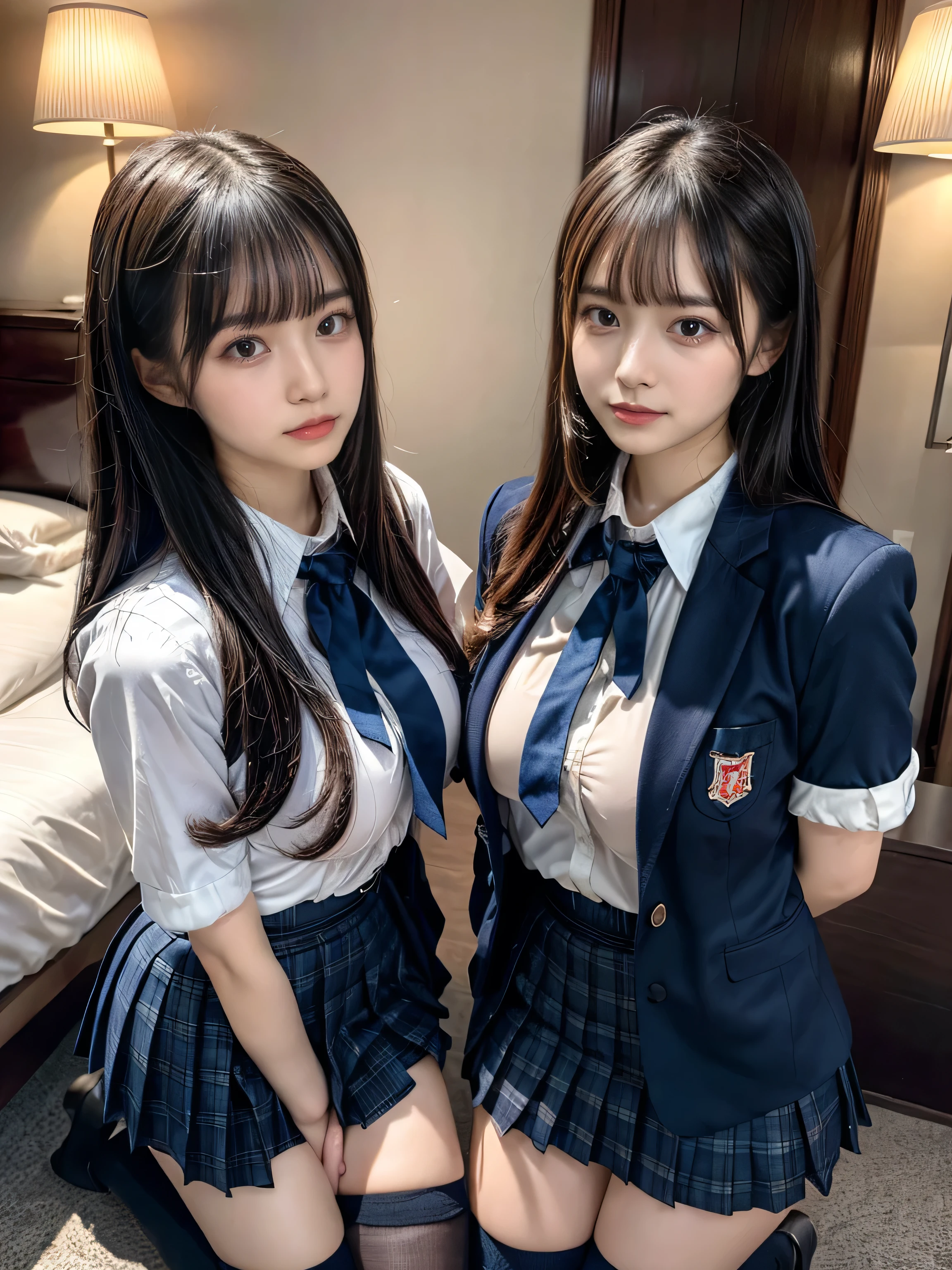(8K, Raw photography, top-quality, masterpiece:1.2), muster piece, best quality, illustration, Super detailed, fine details, High resolution, 8K,wall paper, perfect dynamic composition,(Details High quality, realistic depiction of eyes:1.3), ((2 girls, 2 schoolgirls)), The background is a luxury hotel room、High school girl uniform、blazer 、Super Short Check Uniform Skirt、Navy blue high socks、garterbelts、Colossal tits、Disturbed uniform, Play with each other,Touching each other's bodies,Touching the body of the girl next door, short bob hair, black hair color, huge breasts, Big Natural Color Lip, bold sexy pose, (perfect body shape), crying a little、cold gaze, Harajuku style、Beautiful makeup,glitter makeup,Cutest 18 years old、 beautiful legs, hposing Gravure Idol, Voluptuous thighs