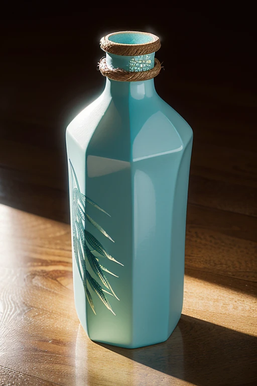 "Generate a 3D rendered image of a high-quality, sophisticated, and elegant ceramic wine bottle for 'Xingde Baijiu'. The b"Generate a 3D rendered image of a high-quality, sophisticated, and elegant ceramic wine bottle for 'Xingde Baijiu'. The bottle should have a slender and elongated shape, with a surface adorned with elegant undulating wave patterns. The overall design should exude a sense of balance and refinement, reminiscent of the noble and upright character of a gentleman. The main material is celadon (Celadon), with metallic accents on the bottle cap and mouth, adorned with hexagram patterns. The color palette is serene and elegant, with a white base and subtle blue accents for the wave patterns. The bottle’s surface should be decorated with bamboo shadow motifs, using relief and carving techniques to enhance the texture and detail. The packaging design takes inspiration from bamboo scrolls, seamlessly integrating with the bottle design. The elements of bamboo nodes, bamboo shadows, bamboo scrolls, and hexagrams convey the concept of 'Xingde', embodying the philosophy of 'Drink Xingde, appreciate the wisdom of I Ching, and cultivate a gentleman’s demeanor'. The rendering should capture every detail of the bottle, illustrating the pursuit of perfection."