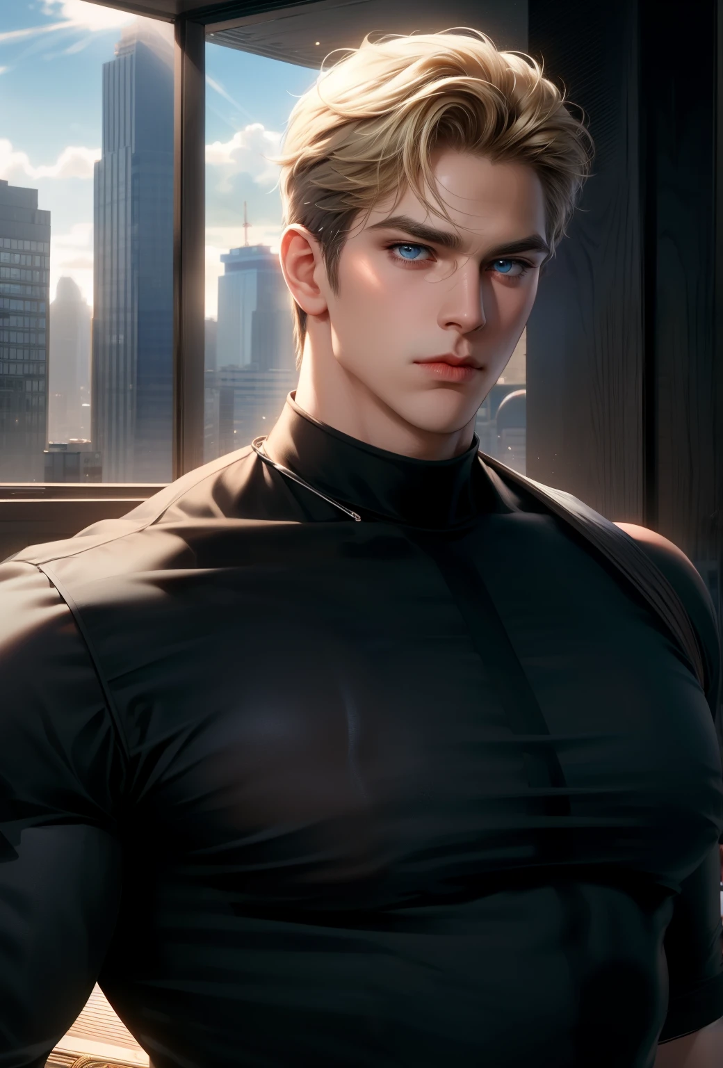 (masterpiece,best quality,ultra_detailed,highres,absurdres),1 mature male, 30-ish, (wide shoulder), (muscular), big body, male focus, solo, blue light eyes, blue light eyes color, upper body, short hair, blonde hair color, looking at viewer, flat face, parted lips, round eyewear, Masterpiece, high quality, best quality, HD, realistic, perfect lighting, detailed body, 1 man, wearing black shirt, calm expression, in the construction background,
