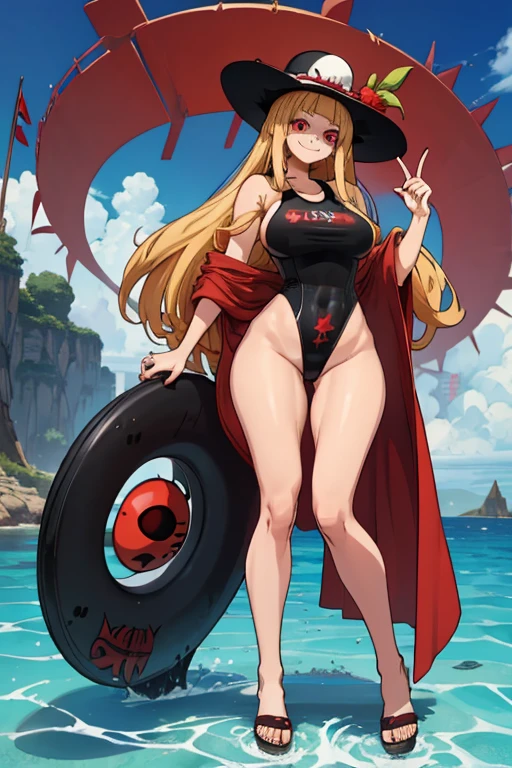 female, white long hair, red eyes, (((1girl))), (((black one piece swimsuit))), (red sarong), (black sun hat), (black sandals), (sunglasses), cute and sexy, full body, huge breasts, huge butt, long legs, smiling