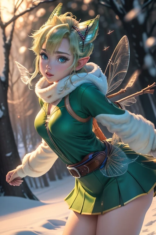 masterpiece, 8k, Perfect lighting, , Adult, woman, , Cinema Lighting, Cowboy Shot, (Tinkerbell:1.5), (TinkerbellWaifu:1.1), Single hair bun, (緑のwinter用コート), (Green clothes), ((clothes made from leaves)), Pointy Ears, blue eyes, (fine grain:1.2), blush, zoom out, 空Fly, (Fly:1.8), cloud, , winter, snow, forest, island,