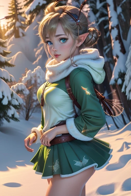 masterpiece, 8k, Perfect lighting, , Adult, woman, , Cinema Lighting, Cowboy Shot, ((Viewer))(Tinkerbell:1.5), (TinkerbellWaifu:1.1), Single hair bun, (緑のwinter用コート), (Green clothes), ((clothes made from leaves)), Pointy Ears, blue eyes, (fine grain:1.2), blush, ,(((上 空Fly))), (Fly:1.8), cloud, , winter, snow, forest, island,