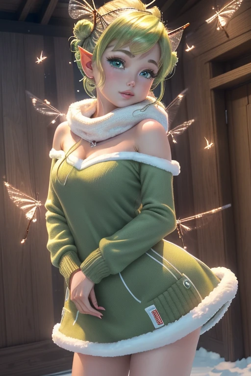 masterpiece, 8k, Perfect lighting, , Adult, woman, , Cinema Lighting, Cowboy Shot, ((Viewer))(Tinkerbell:1.5), (TinkerbellWaifu:1.1), Single hair bun, (緑のwinter用コート), (Green clothes), ((clothes made from leaves)), Pointy Ears, blue eyes, (fine grain:1.2), blush, ,(((上 空Fly))), (Fly:1.8), cloud, , winter, snow, forest, island,