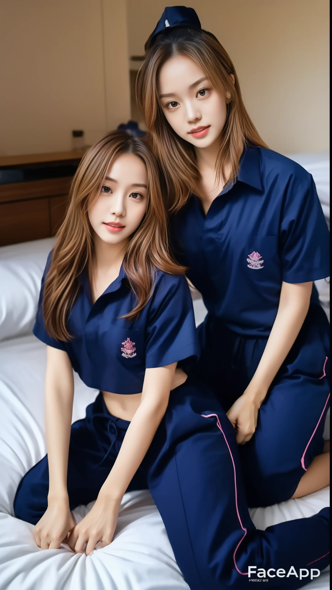 (best quality,10,10,height,Masterpiece:1.2),Special details,(realistic,Realistic picture,Realistic photos:1.37),1 Cute girl in the kitchen,shiny, skin shiny,only,smile softly,BDclothelue shirt:1.3)),short sleeve,shirt, Long pants.,(navy_long_track pants:1.1), ((Kitchen Background)),Dynamic angle,excited,Face focus,dynamic poses,from behind,focus on ass,Masterpiece, best quality, ultra realistic, hyper detail, 8k resolution, raw photos, Sharp focus, ((Navy blue shirt:1.1)), short sleeve, long route, perfect body, 2 mature women, 18 years old, Cinema-grade lighting system,blue sweatpants,exercise cloth,correct anatomy,perfect body, correct body, Sharp face, Correct body anatomical, full body, realistic gestures, long-haired, realistic poses,Wear long shorts...........................,The legs are long.,Good shape,carved girl, Slender figure, model, Good shape, beautiful body,blue sweatpants, two girls kissing