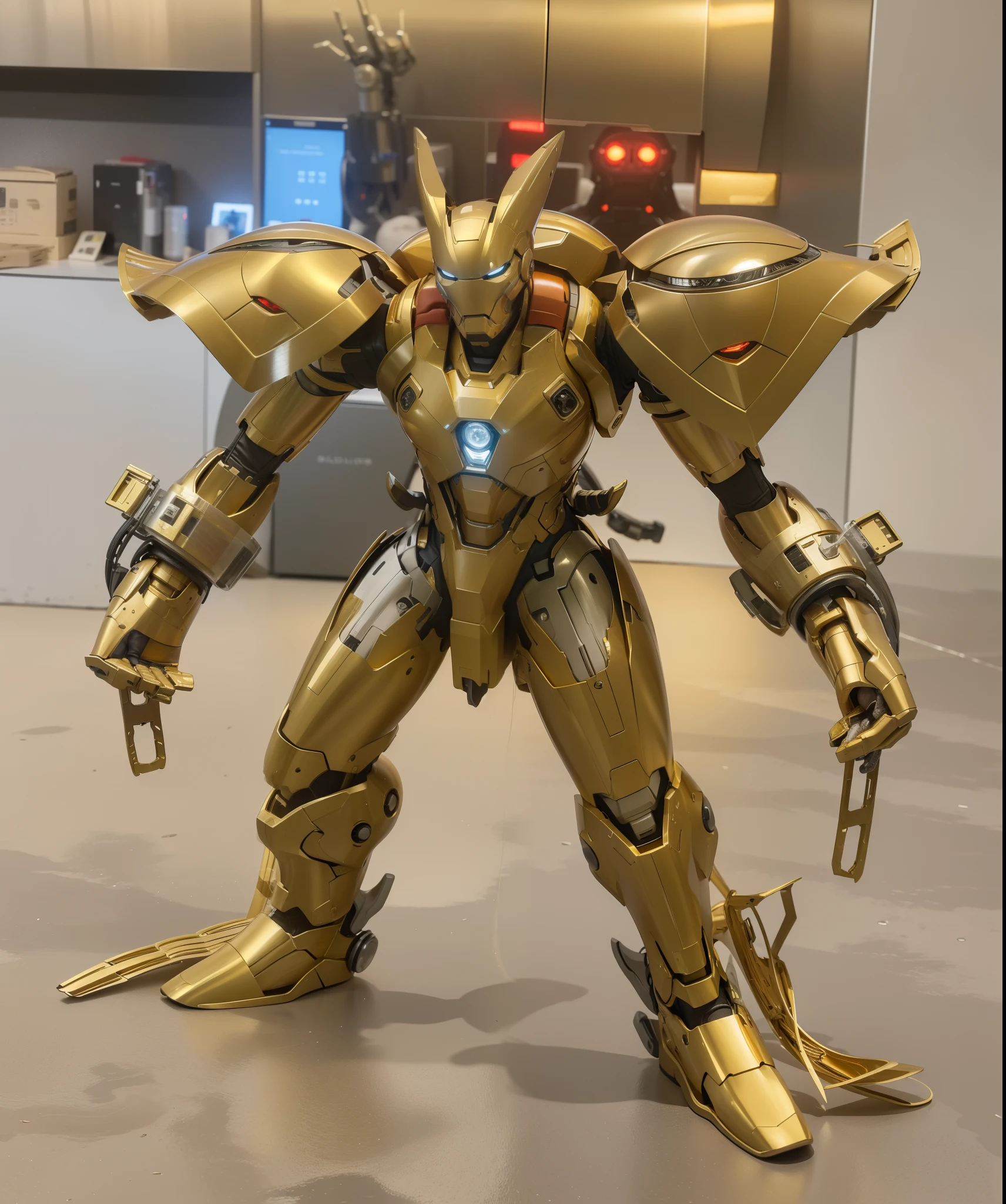 Futuristic high-tech style，best quality,Gold casing,eternal,Super detailed,Practical,high quality,Light,Light线追踪,Ultra HD,Upper Body, Future Iron Man Mech，shooting，Battery，Transmitter，Large caliber artillery，Rostlan 8K，Mech Warrior,Wearing a cyberpunk technology helmet，Warframe Helmet，With breathing Light，The armor of the future shines，Armed Cannon，High-tech armor，helmet，Wearing steel gloves，Dark Master，Light泽外壳