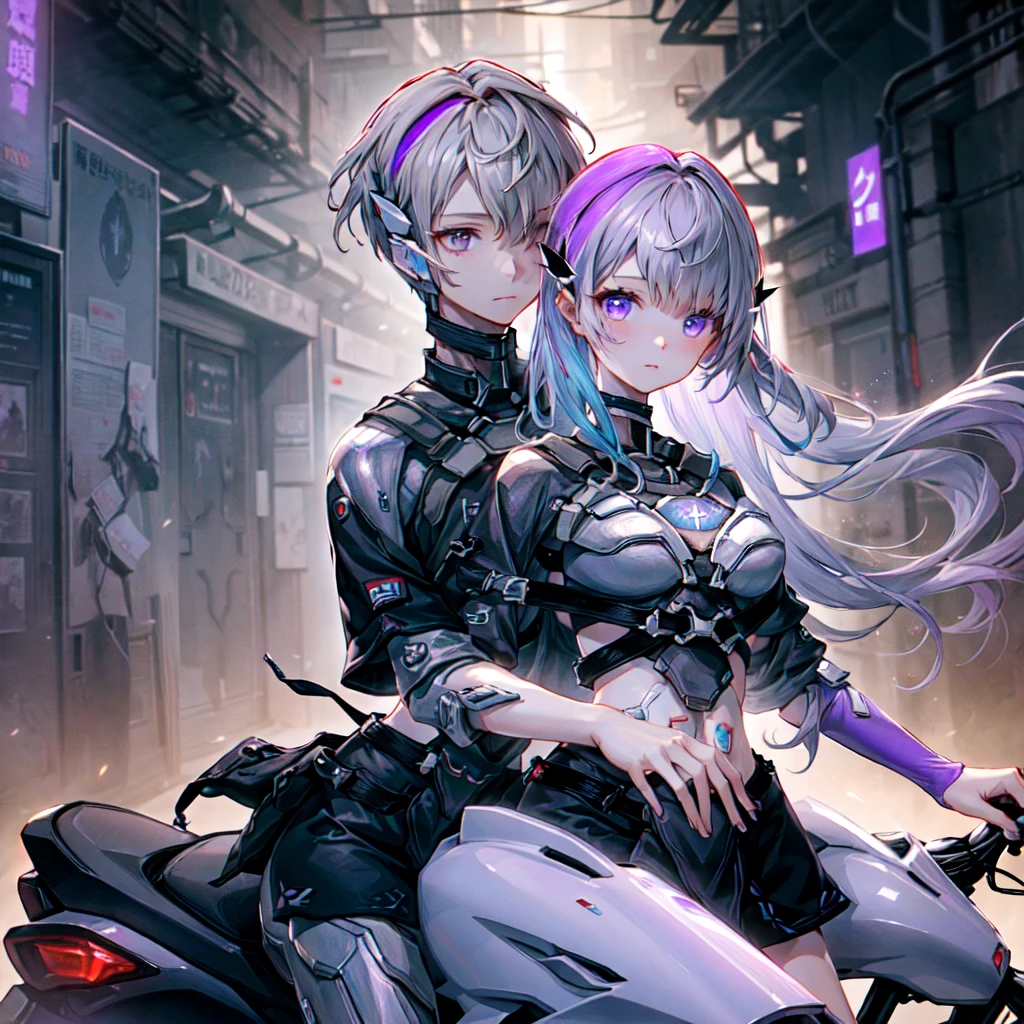 Disorganized、Man and woman couple、Movie Posters、yinji,highest quality、Masterpiece、Official Art、The best light source、The best composition、Super detailed、super beautiful、16K、Super detailedな目、Wisteria trellis background、Picture Frame、Picture Frameに紫のLEDライト、indirect lighting、cyber punk未来の美少女、Long double braids、Purple hair color with milky white gradation inner color、Sparkling、A couple riding on a futuristic vehicle、Beautiful boy、A girl is riding behind the boy, holding his arm from behind、cyber punk、Overall purple light source