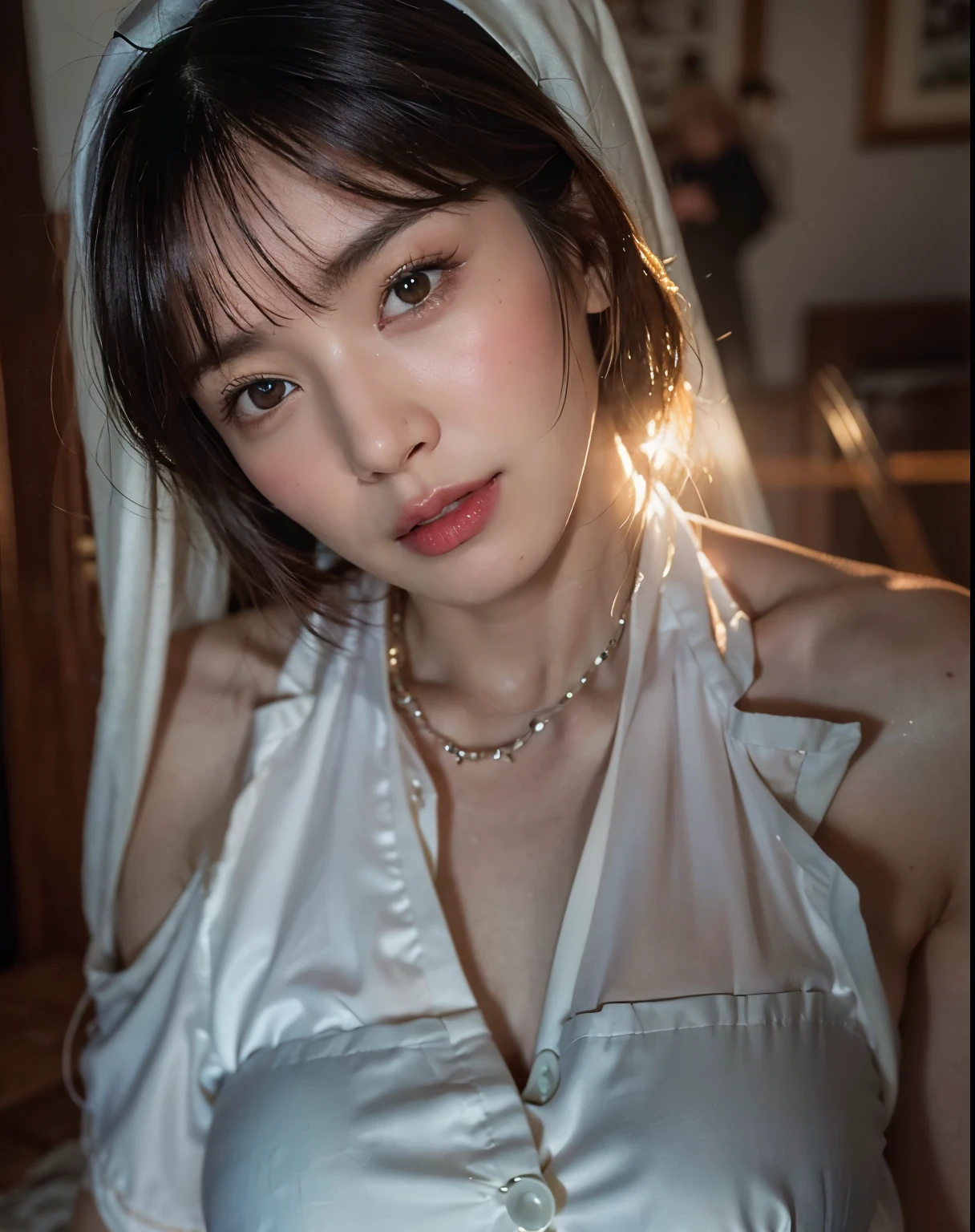 (obra-prima:1.3), (8K, Photorealistic, fotografia crua, Qualidade de imagem superior: 1.4), High school girls in Japan、(Random hairstyles:1.2)、decote do peito:1.2、Rosto super detalhado、Olho de detalhe、Double eyelid、Junte seu peito、sharp focus:1.2、mulher bonita:1.4、cabelo castanho claro、Maximum quality、obra-prima、Super high resolution、(Photorealistic:1.4)、Highly detailed and professional lighting smile、Malhas soltas e leves、Ombro para fora、delgado、serious facial expression、cabelo curto、Fatal position