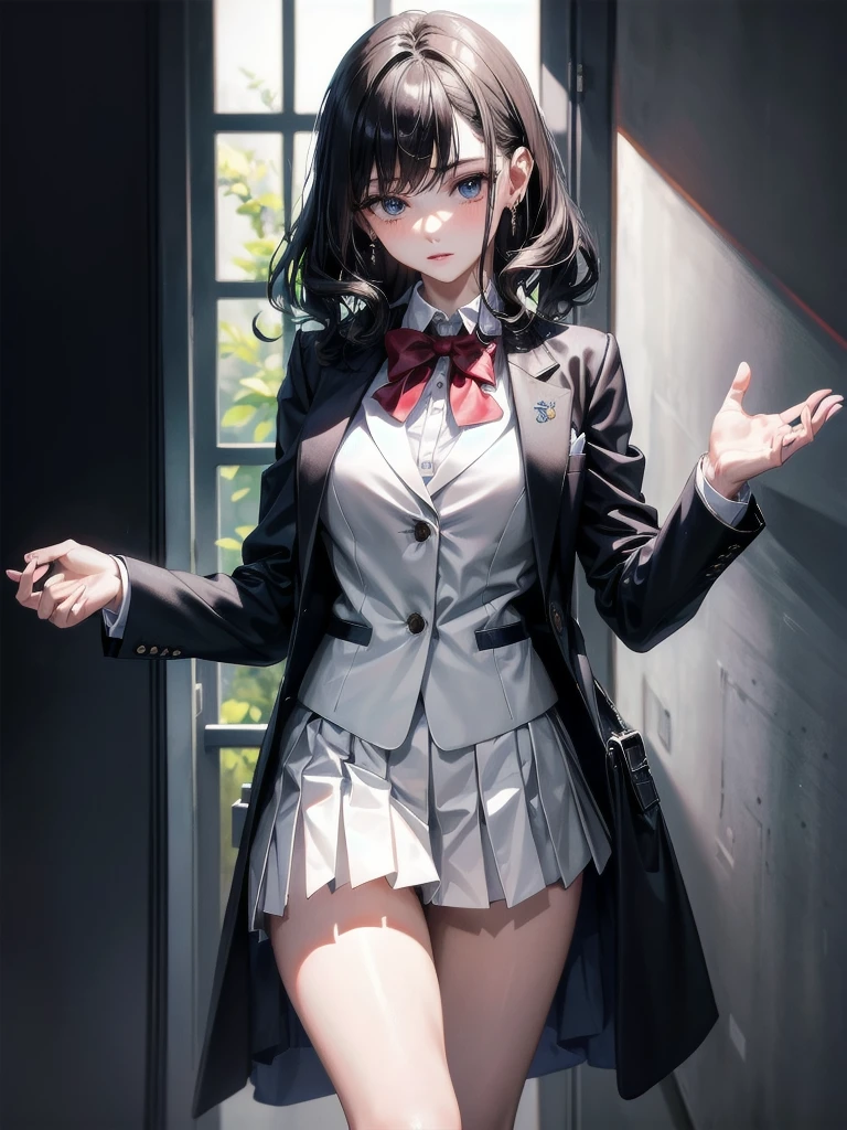 school_uniform, blazer, absurdres, RAW photo, extremely delicate and beautiful, masterpiece, Best Quality, ultra high resolution, 32k, hyperrealistic, ultra-detailed, detailed description, pale skin, 20 years old, tearful mole, earring, short medium hair, wavy hair, whole body shot,