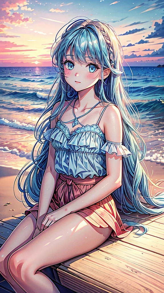 masterpiece, best quality, extremely detailed, (illustration, official art:1.1), 1 girl ,(((( light blue long hair)))), ,(((( light blue long hair)))),light blue hair, ,10 years old, long hair ((blush)) , cute face, big eyes, masterpiece, best quality,(((((a very delicate and beautiful girl))))),Amazing,beautiful detailed eyes,blunt bangs((((little delicate girl)))),tareme(true beautiful:1.2), sense of depth,dynamic angle,,,, affectionate smile, (true beautiful:1.2),,(tiny 1girl model:1.2),)(flat chest)),(best quality,4k,8k,highres,masterpiece:1.2),ultra-detailed,(realistic,photorealistic,photo-realistic:1.37),couple,sitting,beach,watching,sunset,ocean,magnificent scene,sun,surf,lush sand,dazzling colors,romantic atmosphere,serene waves,soft breeze,crimson sky,gentle tide,warm light,refreshing aura