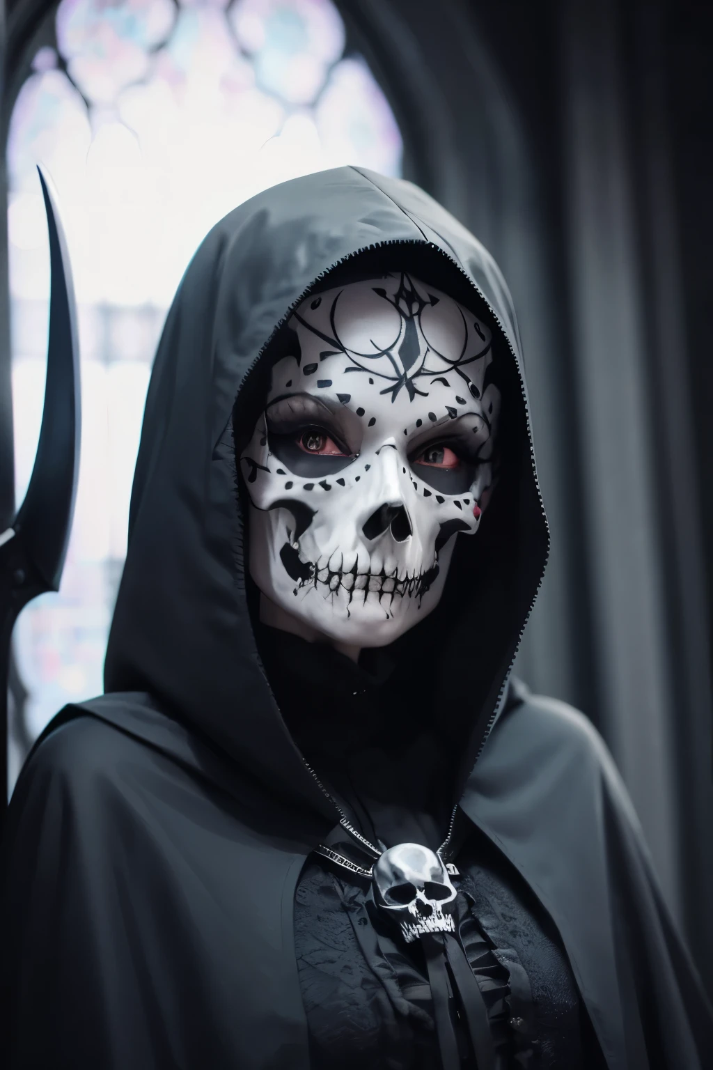 ((grim reaper)), ((Scythe)), (skull face paint), gray hair, cinematic lighting, single_human_girl, extremely_detailed_eyes_and_face, church, annoyed, ink, illustration, depth of field, frown, expression, red_eyes, white_hair, extremely detailed, watercolor, anime face, skull_on_dress, detailed_skeleton_church, beautiful detailed black gothic Empire Waist Dress, dramatic_angle, bright_eyes, looking_at_viewers, close_to_viewers, masterpiece, messy_long_hair, lens_flare, light_leaks,

ethereal, spectral, ghostly, shadowy, ominous, macabre, eerie, dark_aura, hooded_figure, cloaked, haunting, otherworldly, phantom, spectral_figure, deathly, ghoulish, supernatural, sinister, mystical, foreboding, chilling, enigmatic, spectral_light, ethereal_glow, haunting_presence, spectral_beauty, ghostly_figure, otherworldly_glow, sinister_grin, spectral_essence, haunting_eyes, dark_realm