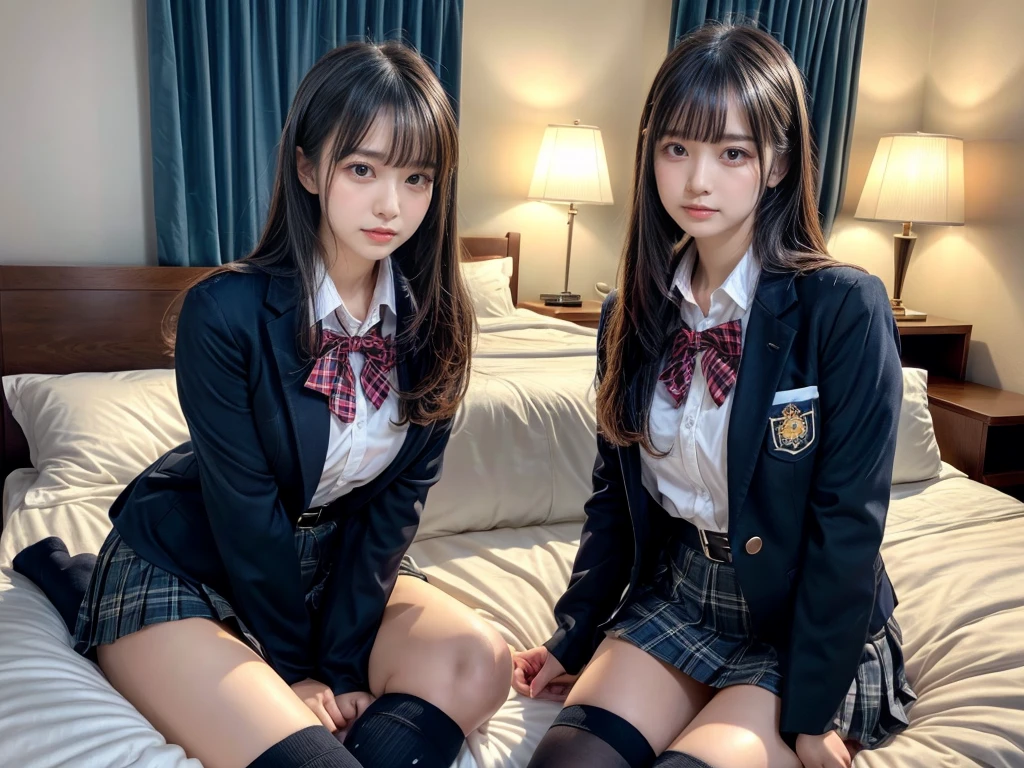 muster piece, best quality, illustration, Super detailed, fine details, High resolution, 8K,wall paper, perfect dynamic composition,(Details High quality, realistic depiction of eyes:1.3), ((2 girls, 2 schoolgirls)), The background is a luxury hotel room、High school girl uniform、blazer 、Super Short Check Uniform Skirt、Navy blue high socks、garterbelts、Colossal tits、Disturbed uniform, Play with each other,Touching each other's bodies,Touching the body of the girl next door, short bob hair, black hair color, huge breasts, Big Natural Color Lip, bold sexy pose, (perfect body shape), crying a little、cold gaze, Harajuku style、Beautiful makeup,glitter makeup,Cutest 18 years old, beautiful legs, hposing Gravure Idol, Voluptuous thighs