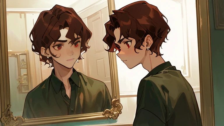 ((the masterpiece)),(((Best quality))), Close-up of frightened boy with brown hair, Looking in the mirror and seeing yourself as a monster, subsurface scattering skin, Attractive humanoid, in rustic clothes, shirt, high detail, Skinny man dreamer, From art, art, looks in the mirror, handsome man, green eyes, fright, fear, , thin face, sunken cheeks, Melancholic appearance, a pointy chin, Smooth Face, earring in the ear, gradient hair, hair color from brown to red, thin eyebrows, short hair on the side, pixie hairstyle, Wavy hair, Red eyes, The Ancient Mirror, Mirror on the wall, Black slime and vampire reflected in the mirror, Cool dark shades, Additional lighting