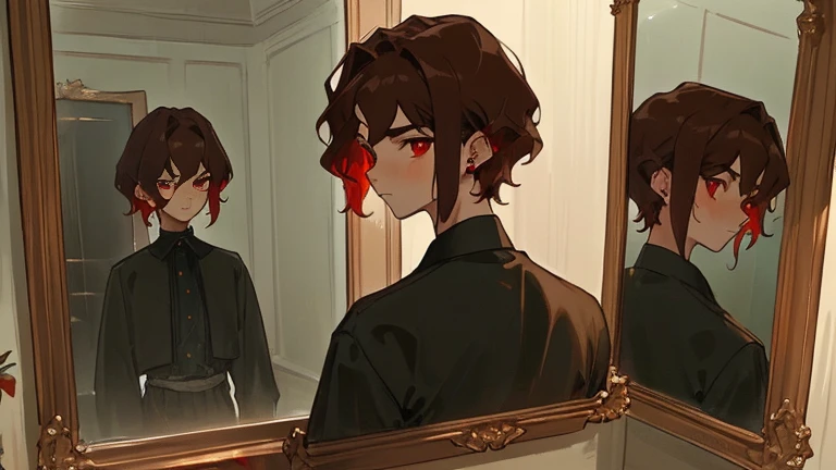 ((the masterpiece)),(((Best quality))), Close-up of frightened boy with brown hair, Looking in the mirror and seeing yourself as a monster, subsurface scattering skin, Attractive humanoid, in rustic clothes, shirt, high detail, Skinny man dreamer, From art, art, looks in the mirror, handsome man, green eyes, fright, fear, little students, thin face, sunken cheeks, Melancholic appearance, a pointy chin, Smooth Face, earring in the ear, gradient hair, hair color from brown to red, thin eyebrows, short hair on the side, pixie hairstyle, Wavy hair, Red eyes, The Ancient Mirror, Mirror on the wall, Black slime and vampire reflected in the mirror, Cool dark shades, Additional lighting