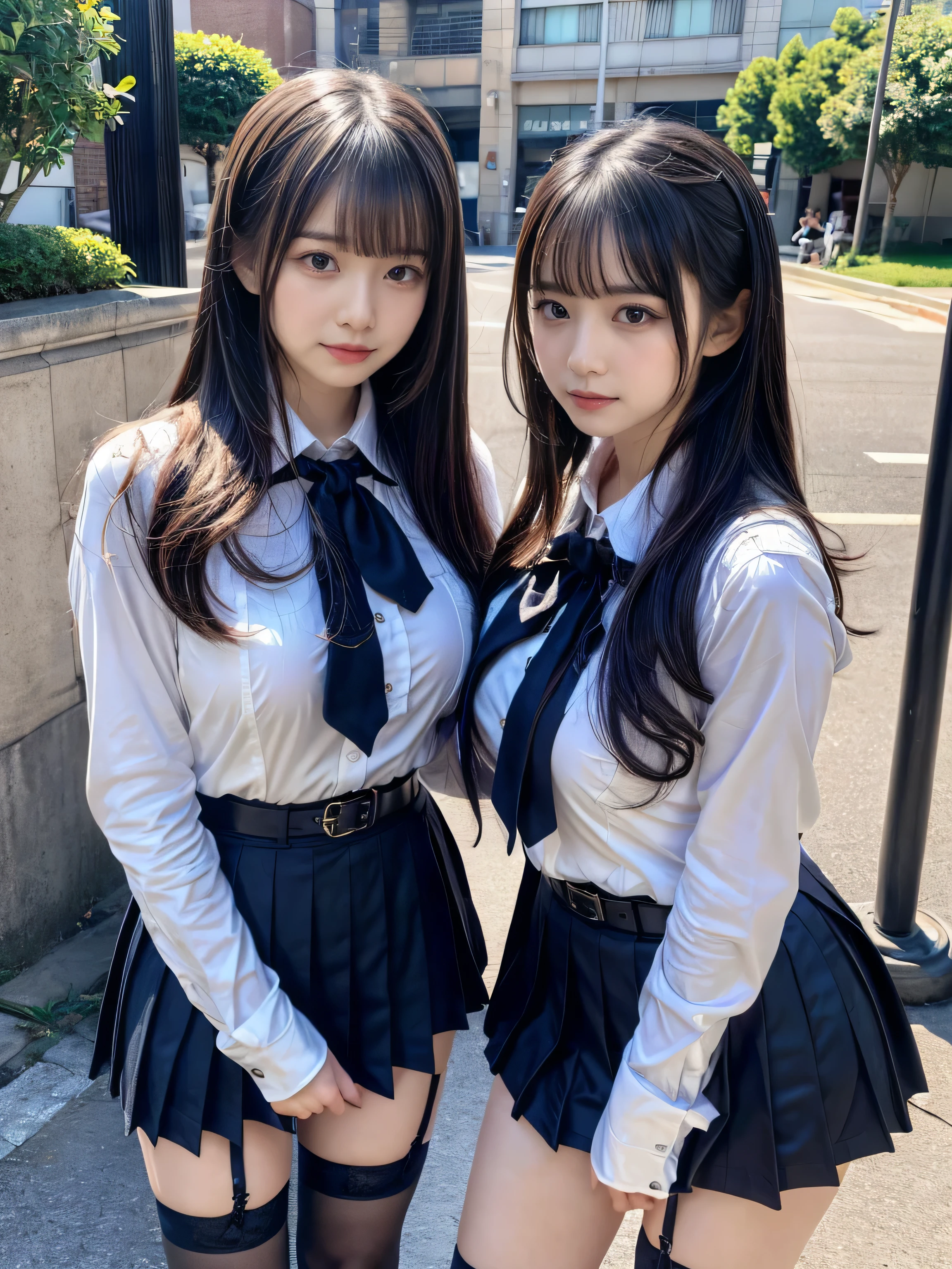(8K, Raw photography, top-quality, masterpiece:1.2), muster piece, best quality, illustration, Super detailed, fine details, High resolution, 8K,wall paper, perfect dynamic composition,(Details High quality, realistic depiction of eyes:1.3), ((2 girls, 2 schoolgirls)), The background is a luxury hotel room、High school girl uniform、blazer 、Super Short Check Uniform Skirt、Navy blue high socks、garterbelts、Colossal tits、Disturbed uniform, Play with each other,Touching each other's bodies,Touching the body of the girl next door, short bob hair, black hair color, huge breasts, Big Natural Color Lip, bold sexy pose, (perfect body shape), crying a little、cold gaze, Harajuku style、Beautiful makeup,glitter makeup,Cutest 18 years old、 beautiful legs, hposing Gravure Idol, Voluptuous thighs