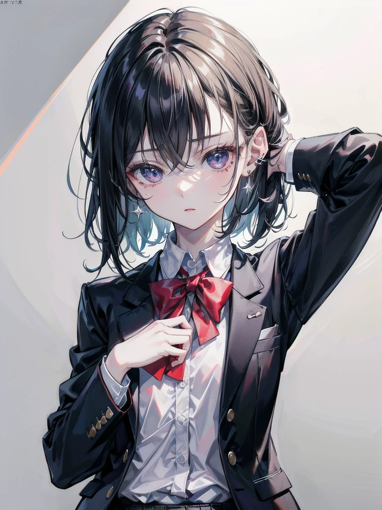 school_uniform, blazer, absurdres, RAW photo, extremely delicate and beautiful, masterpiece, Best Quality, ultra high resolution, 32k, hyperrealistic, ultra-detailed, detailed description, pale skin, 20 years old, tearful mole, earring, short medium hair, wavy hair, whole body shot,