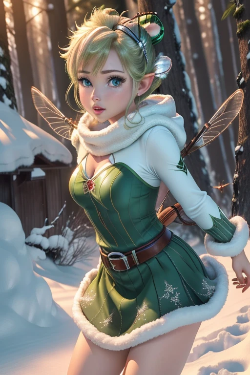 masterpiece, 8k, Perfect lighting, , Adult, woman, , Cinema Lighting, Cowboy Shot, ((Viewer))(Tinkerbell:1.5), (TinkerbellWaifu:1.1), Single hair bun, (緑のwinter用コート), (Green clothes), ((clothes made from leaves)), Pointy Ears, blue eyes, (fine grain:1.2), blush, ,(((上 空Fly))), (Fly:1.8), cloud, , winter, snow, forest, island,