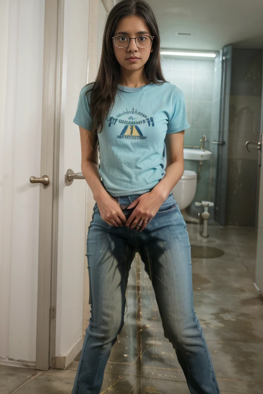 "Girl with Indonesia face, 21yo, near the outer door, light blue jeans, red t-shirt, glasses, wets herself from fear while being threatened. peeing, (urination:1.5), medium: oil painting, realistic:1.37, best quality, ultra-detailed, studio lighting, vivid colors, physcially-based rendering."