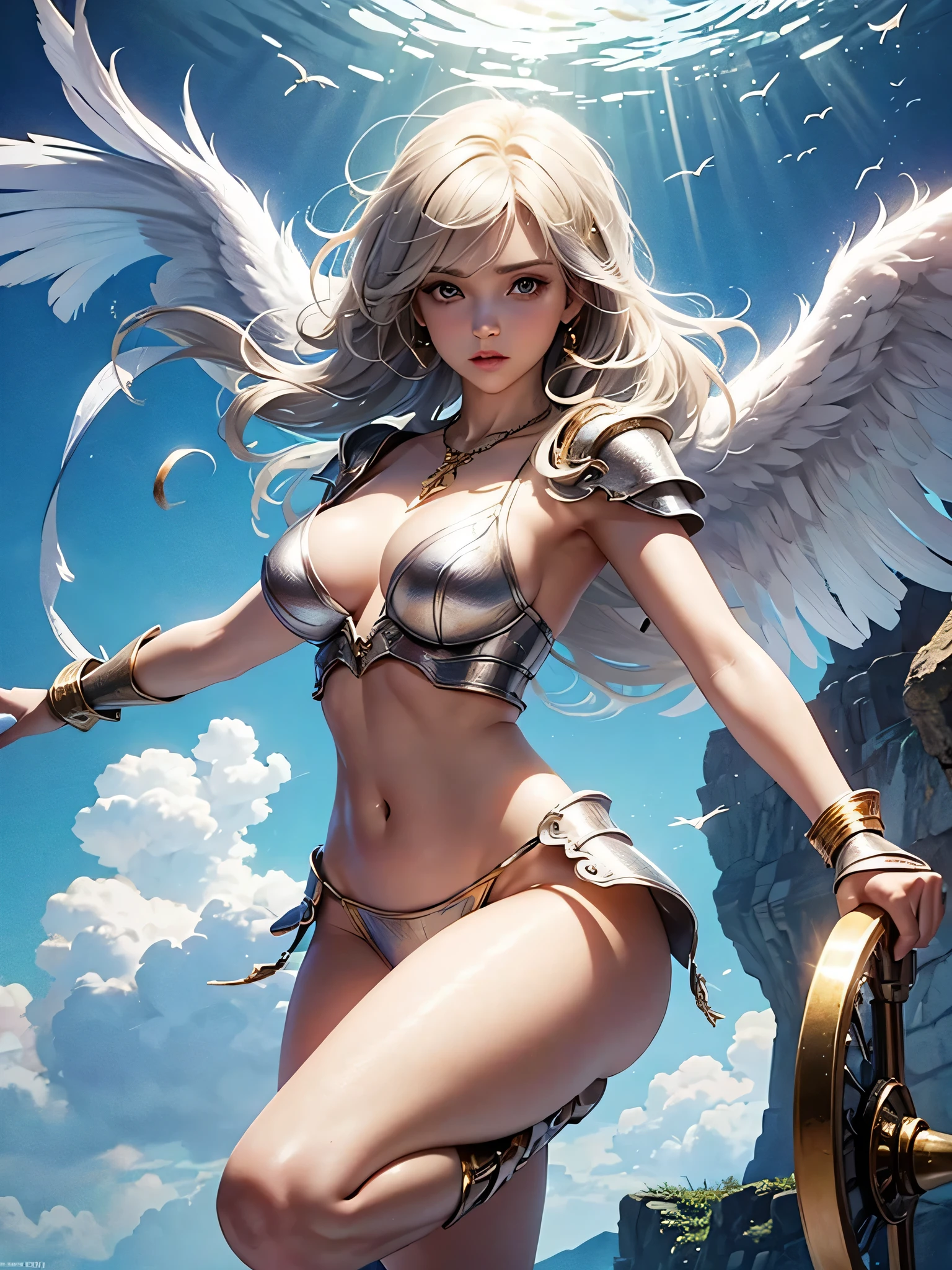 Beautiful Woman, two angel wings in the back, curvy body, fitnes belly, angel armor, beautiful woman seen almost naked, small armor in body, blonde curly hair, 18, in fly,
Armor outfit, wizard, long gold hair, silver on a necklace, no underwear, pelvis showing, metalic panties with gold details, white skin, turned away, penetrating gaze, open leg, flying in the sky, clouds around, birds around, strong soft blue and gold lights