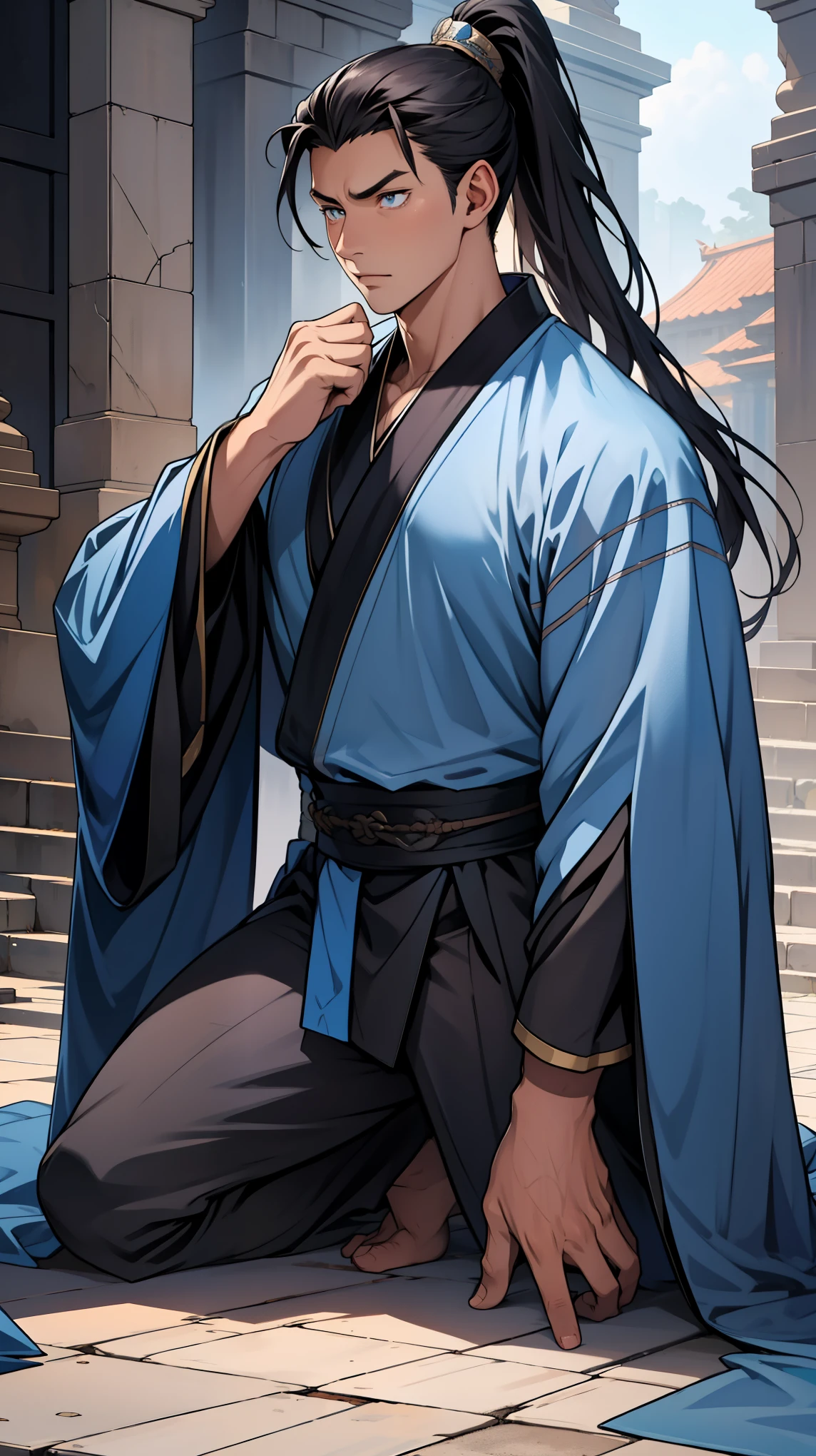 individual（Young men），Handsome，（Youthful feeling），high quality，Black long hair，High Ponytail Hairstyle，blue eyes，Perfect male body，Wearing a blue ancient robe，kneel，Crotch view