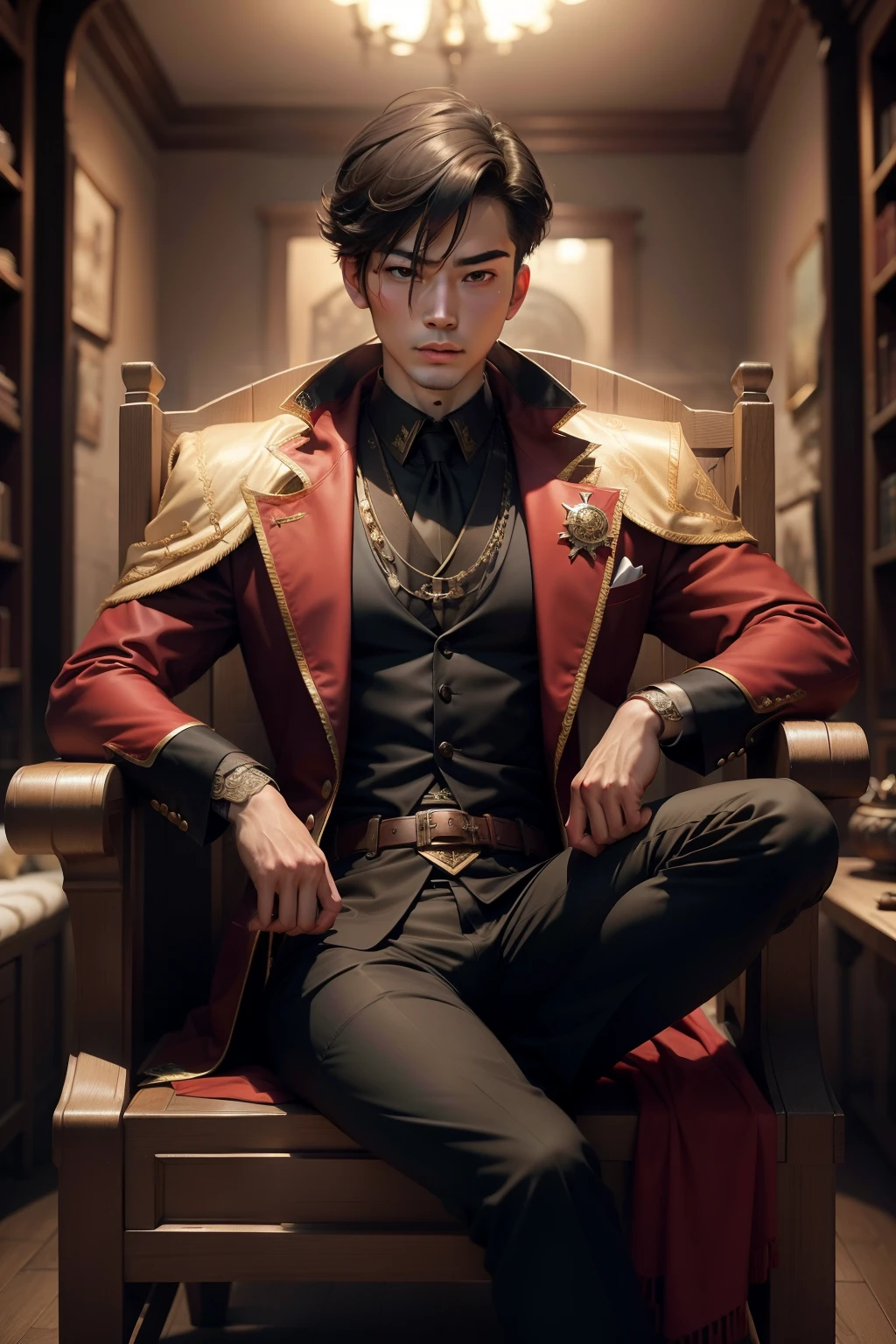 masterpiece, best-quality, a handsome Asian boy, wearing a medieval suit, sitting on a throne, bad boy look,