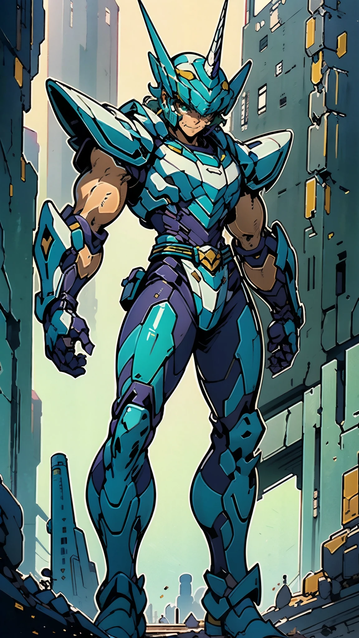 A man wearing a full-face helmet, a fantasy-style biotech armored combat suit, green eyes, (a composite layered chest armor), fully enclosed shoulder guards, matching arm and leg guards, the belt is adorned with Horseshoe-shaped marker, (the color scheme is primarily white with green accents), the design balances heavy with agility, a high-tech bio-mecha armor, (Armor Concept Inspired by Unicorn, stand on the top of a skyscraper in a futuristic sci-fi city), this character embodies a finely crafted fantasy-surreal style armored hero in anime style, exquisite and mature manga art style, (battle damage, element, plasma, energy, the armor glows), ((male:1.5)), metallic, real texture material, dramatic, high definition, best quality, highres, ultra-detailed, ultra-fine painting, extremely delicate, professional, perfect body proportions, golden ratio, anatomically correct, symmetrical face, extremely detailed eyes and face, high quality eyes, creativity, RAW photo, UHD, 32k, Natural light, cinematic lighting, masterpiece-anatomy-perfect, masterpiece:1.5