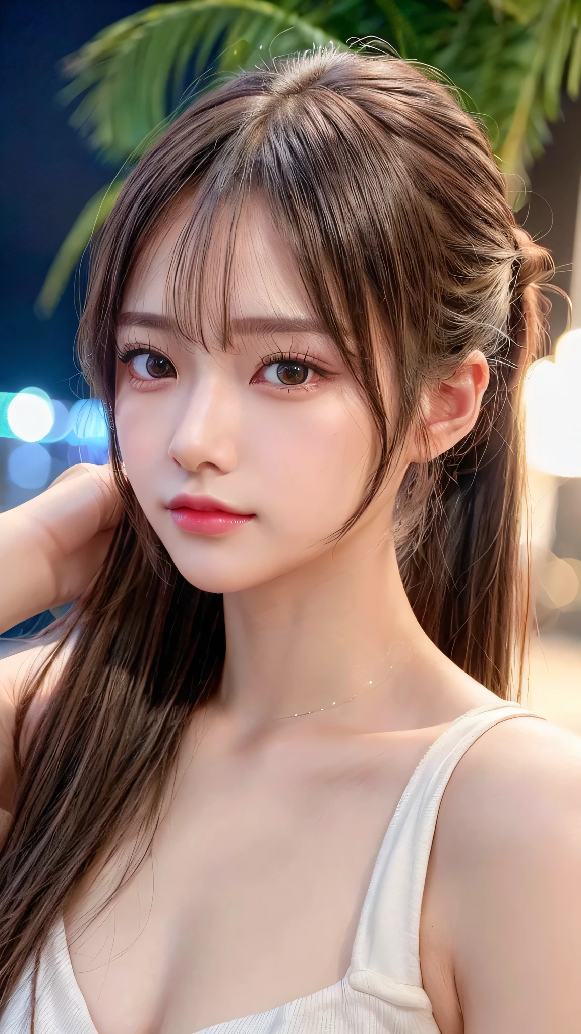 Outdoor,midnight,A huge resort pool,It's dark outside,Lit up with neon lights,bikini,Blushing,Facing forward,Small breasts,14 years old,Long hair ponytail,((8K, Raw photo, Best Quality, Mastepiece:1.2), (Realism, Photorealistic:1.4), (Highly detailed 8k wallpaper), Depth of written boundary, Cinematic Lighting, Soft Light, Detailed Beauty Eye,Shiny and smooth light brown ponytail, Asymmetrical bangs, Shiny skin, Ultra-detailed skins ,It is high resolution., High detail, Detailed hairstyle, Detailed facial beauty, Hyper-realistic, Perfect limbs, Perfect Anatomy ,1 Japanese girl,Famous Japanese Idols, Perfect female body,A shy smile,Short eyelashes,Double-edged eyelids,Look straight here,Hair style: ponytail,