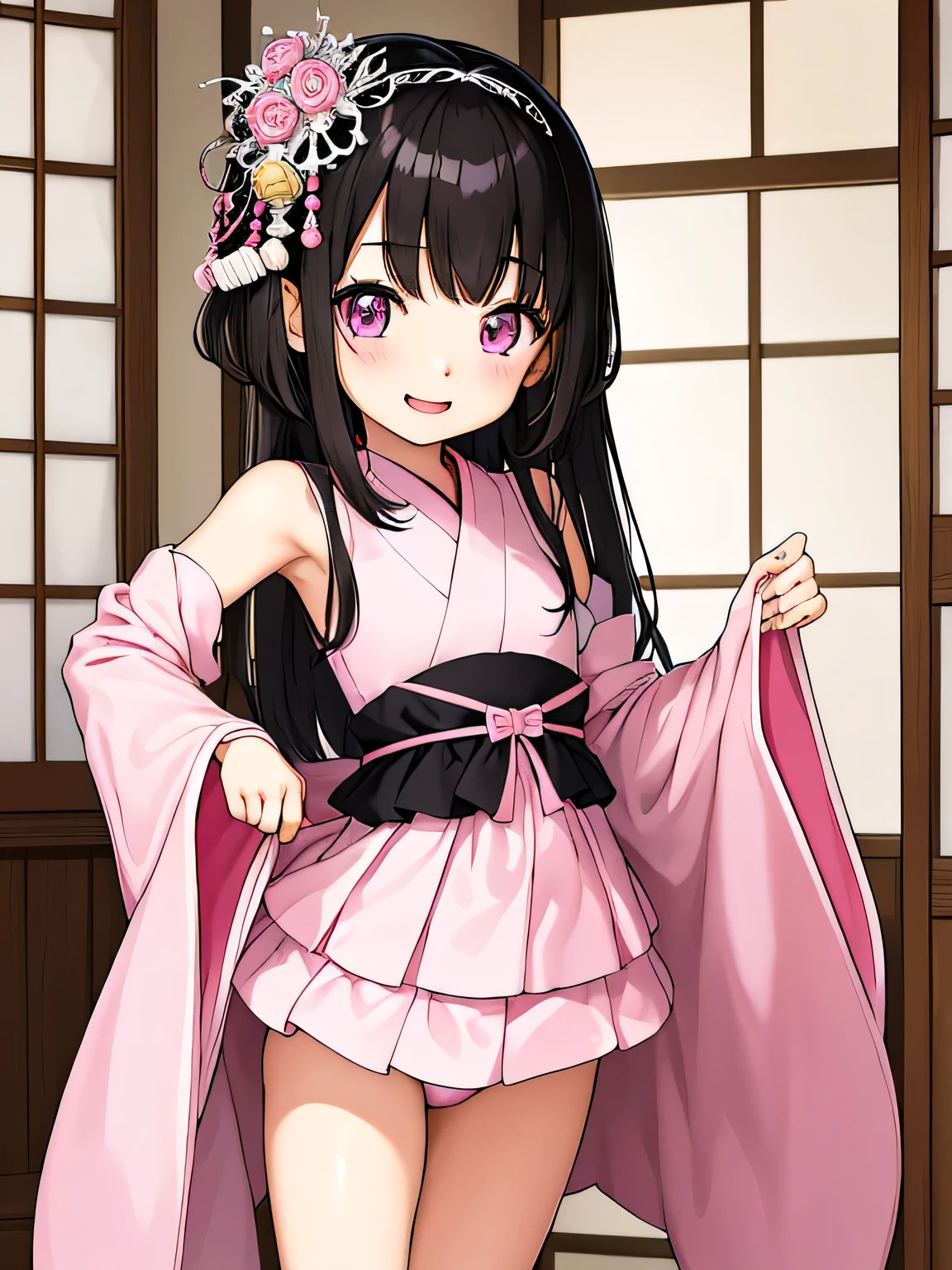 highest quality、Very delicate and beautiful、Very delicate and beautiful、(Beautiful eyes)、Princess、tomboy、Pink Eyes、I、I、、 、Japanese、、(Black Hair)、((Pink leotard))、(High leg)、Tiara on head、Laughter、standing、Looking forward