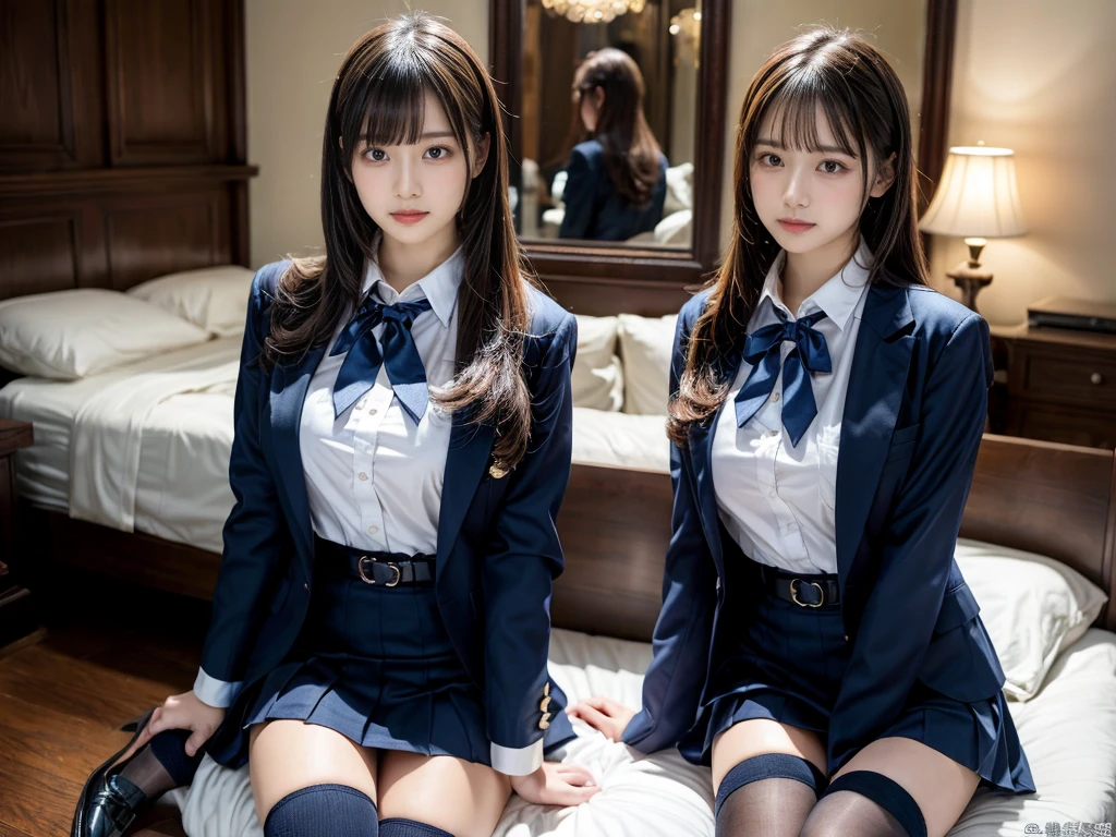 muster piece, best quality, illustration, Super detailed, fine details, High resolution, 8K,wall paper, perfect dynamic composition,(Details High quality, realistic depiction of eyes:1.3), ((2 girls, 2 schoolgirls)), The background is a luxury hotel room、High school girl uniform、blazer 、Super Short Check Uniform Skirt、Navy blue high socks、garterbelts、Colossal tits、Disturbed uniform, Play with each other,Touching each other's bodies,Touching the body of the girl next door, short bob hair, black hair color, huge breasts, Big Natural Color Lip, bold sexy pose, (perfect body shape), crying a little、cold gaze, Harajuku style、Beautiful makeup,glitter makeup,Cutest 18 years old, beautiful legs, hposing Gravure Idol, Voluptuous thighs