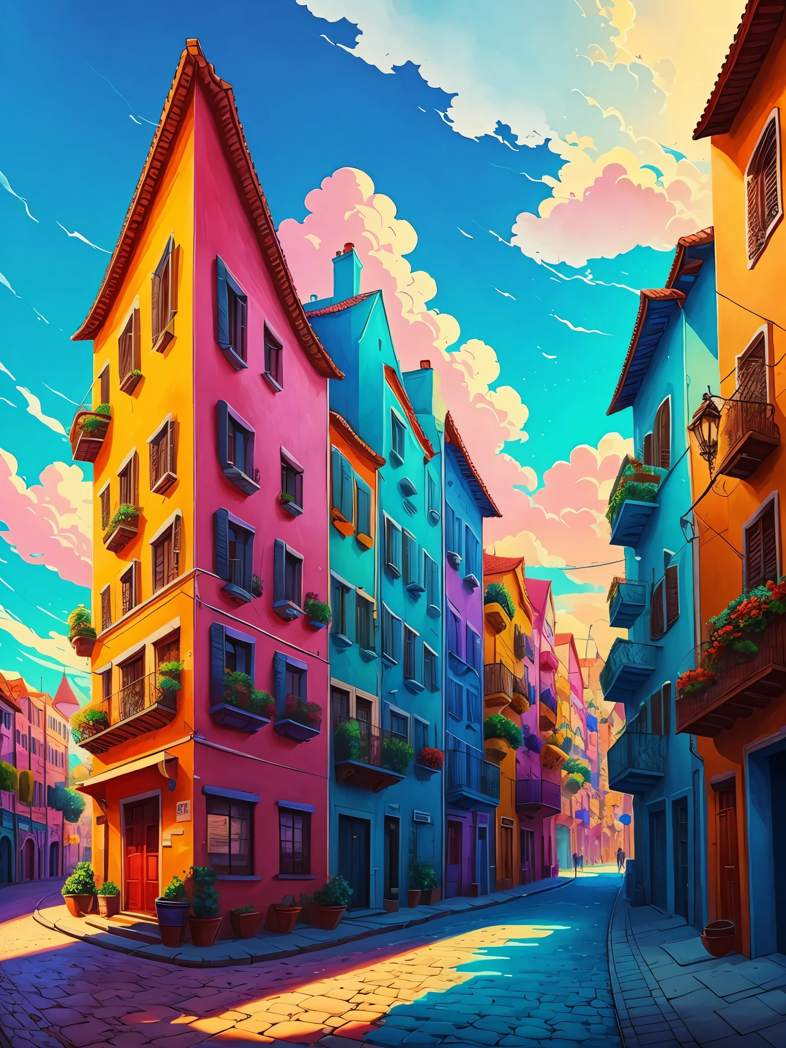 A city full with color and the sky but every thing have to be easy to draw and paint