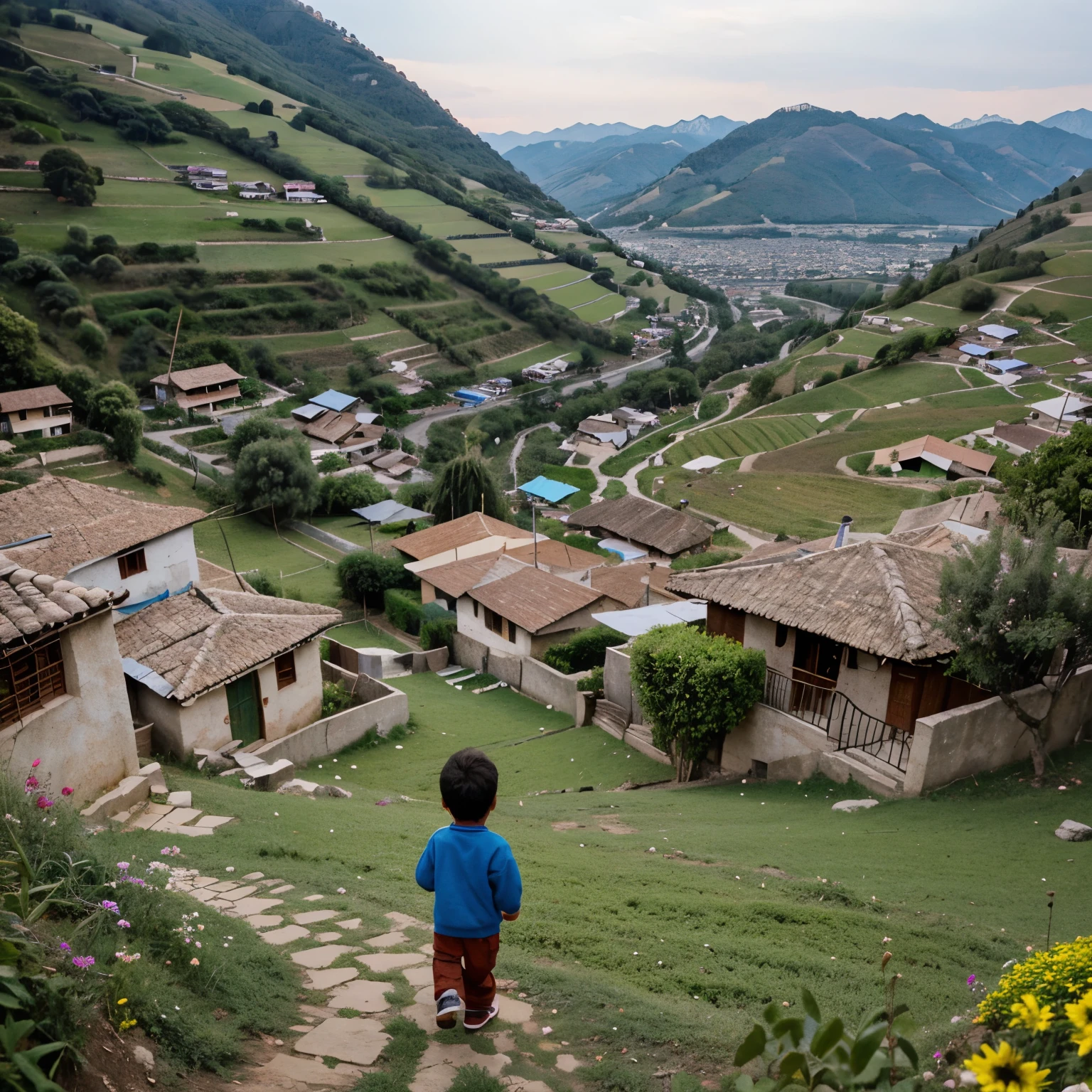 A beautiful village in hills 5 year old boy playing