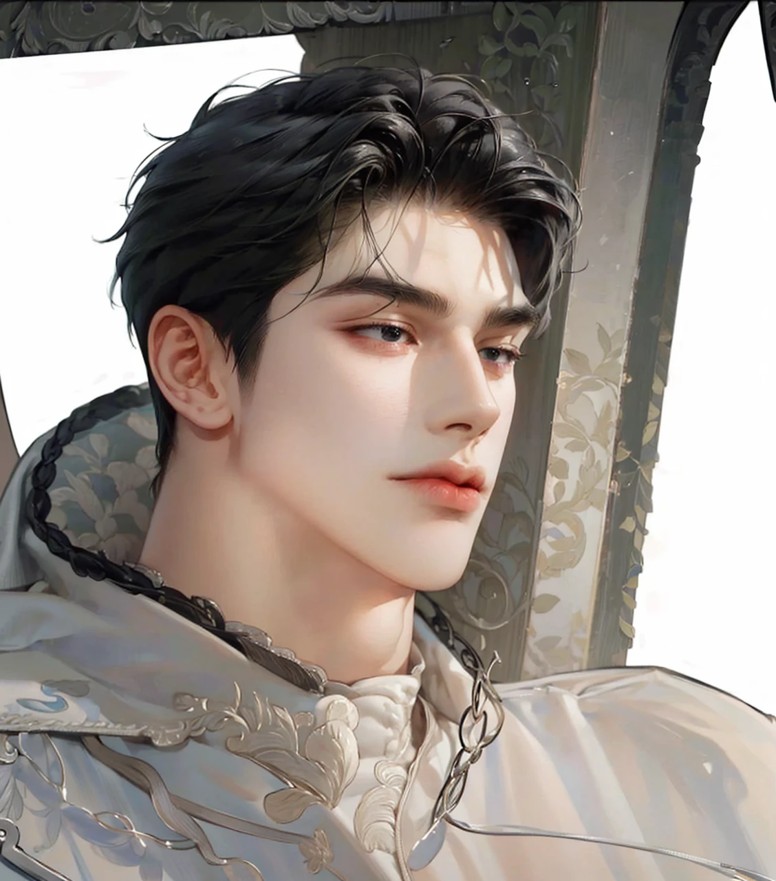 4k, high resolution, best quality, masterpiece, perfect color, perfect shade, perfect lighting, Posted by e621, ((portrait)), ((handsome man)), perfect male figure, Short hair details,chest muscles,abdominal muscles,Naked torso, Detailed face, perfect face, (stood up), Detailed background, ((Bonifasco Lighting)), (black eyes),(), black hair,