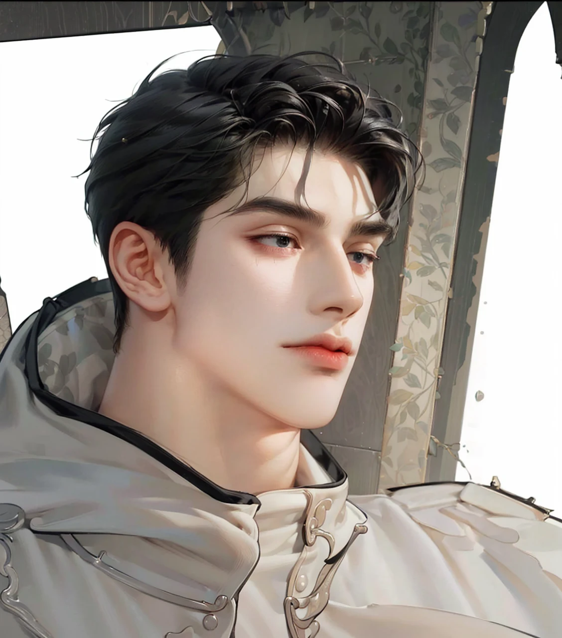 4k, high resolution, best quality, masterpiece, perfect color, perfect shade, perfect lighting, Posted by e621, ((portrait)), ((handsome man)), perfect male figure, Short hair details,chest muscles,abdominal muscles,Naked torso, Detailed face, perfect face, (stood up), Detailed background, ((Bonifasco Lighting)), (black eyes),(), black hair,