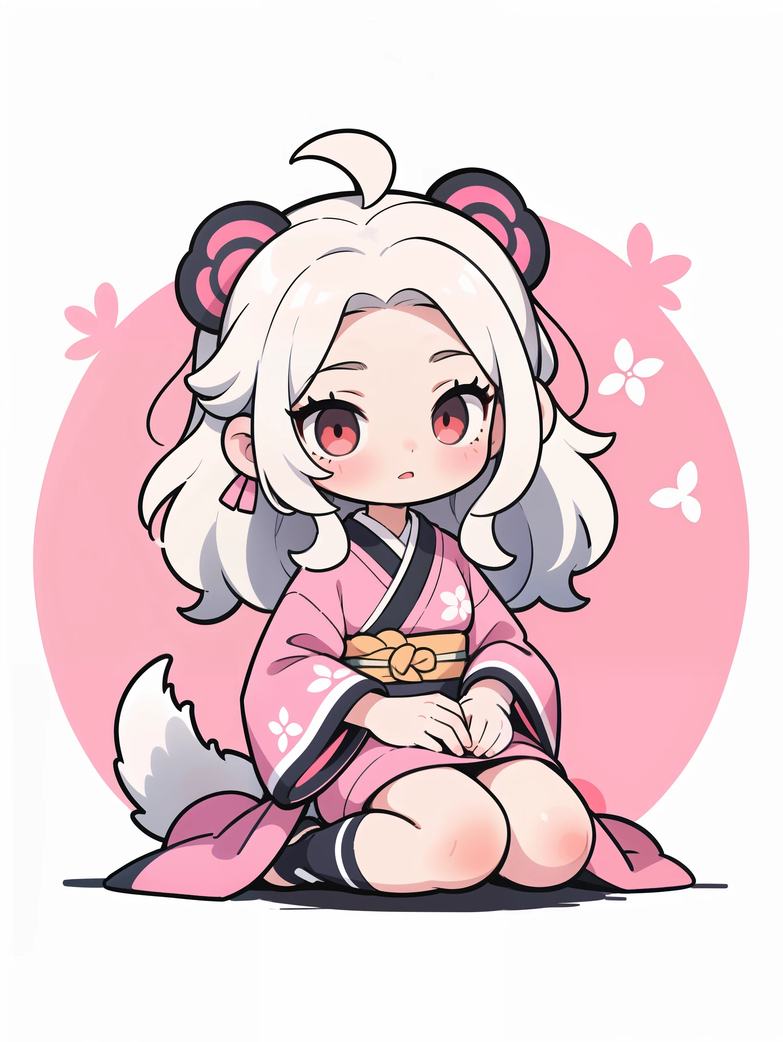 1girl,an animated female character with long white hair and red eyes, dressed in a pink blouse. She sits on a soft surface, with her tail curled up beside her. The artistic style is reminiscent of Japanese anime, with detailed shading and a warm color palette dominated by soft pinks and browns, masterpiece,best quality,very aesthetic,absurdres,