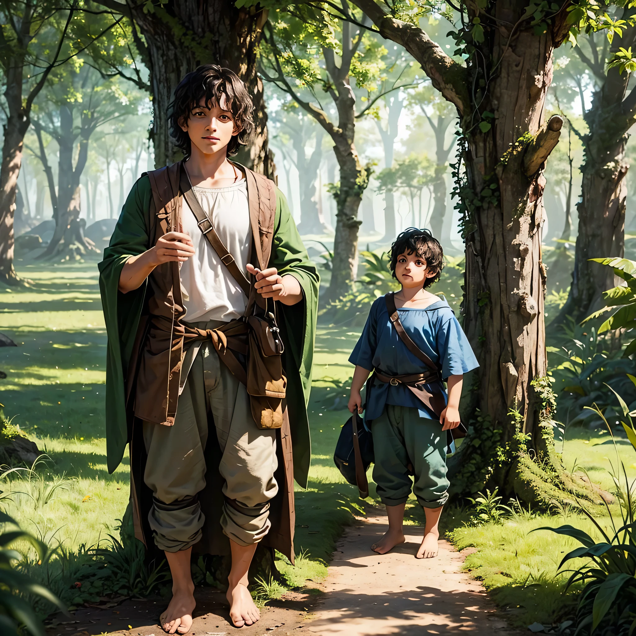 hobbit sozinho , empty scenery, floresta escura, apenas frodo baggins e sam wise, sam cabelo dourado e gordo, frodo magro, amigos, big hairy feet, barefoot, sozinho , elijah wood, torn rustic clothes, blusa branca, capa verde, Brown pants, sorrindo, bosque, aves