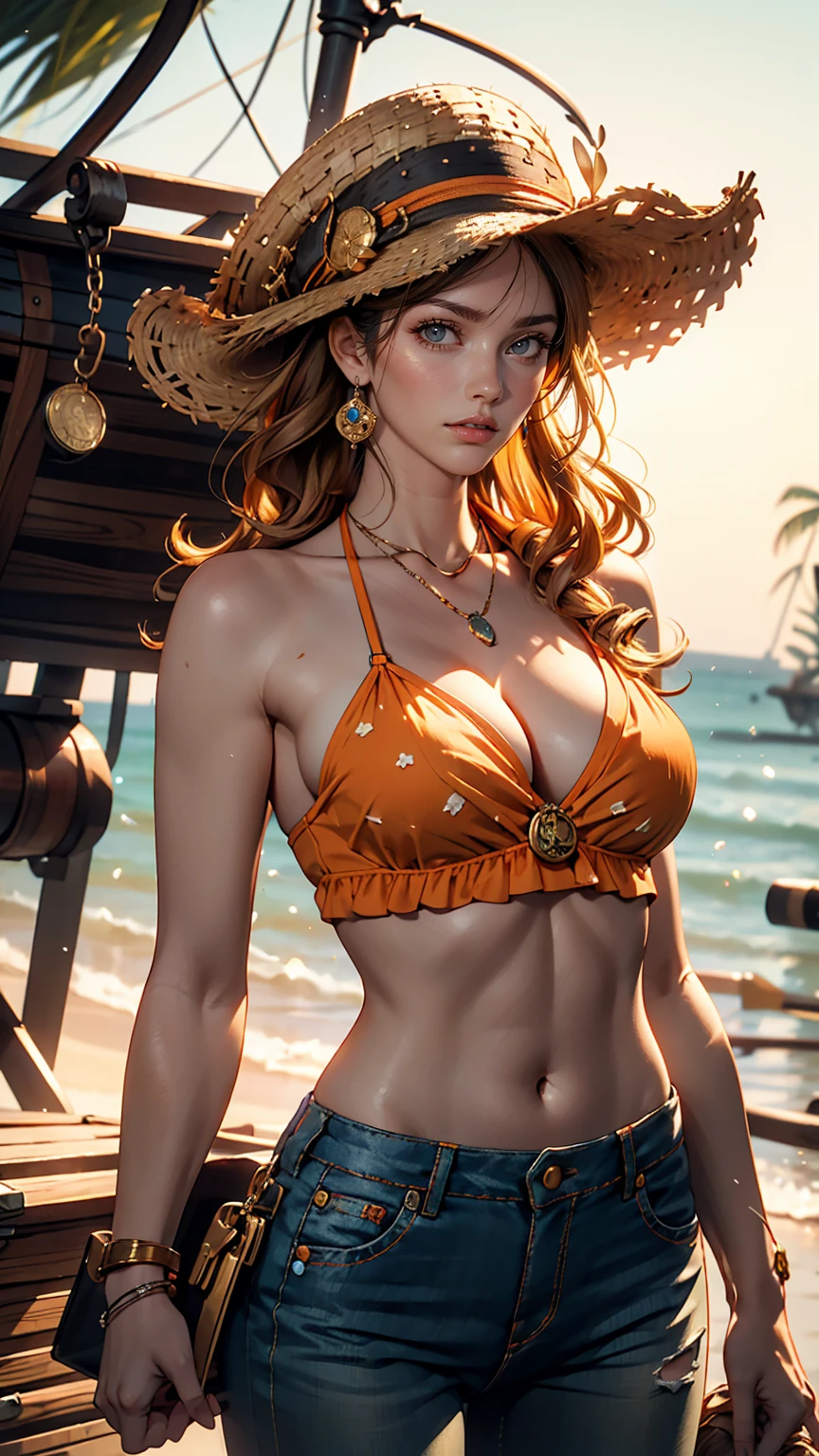 Very beautiful Nami (one piece), Subtle makeup, Moneyen hour, Realistic, High Contrast, 8K HD, detailed, hyper-detailed, Realistic skin texture, orange long hair, Bikini top only, Blue pants, Large Breasts, highest quality, Ultra-high resolution, RAW Photos, Dramatic lighting, Unreal Engine, Diffuse Light, Outdoor, realistic detailed onep piece pirate ship, Treasure Chest, Money, Money coins, Money bars.