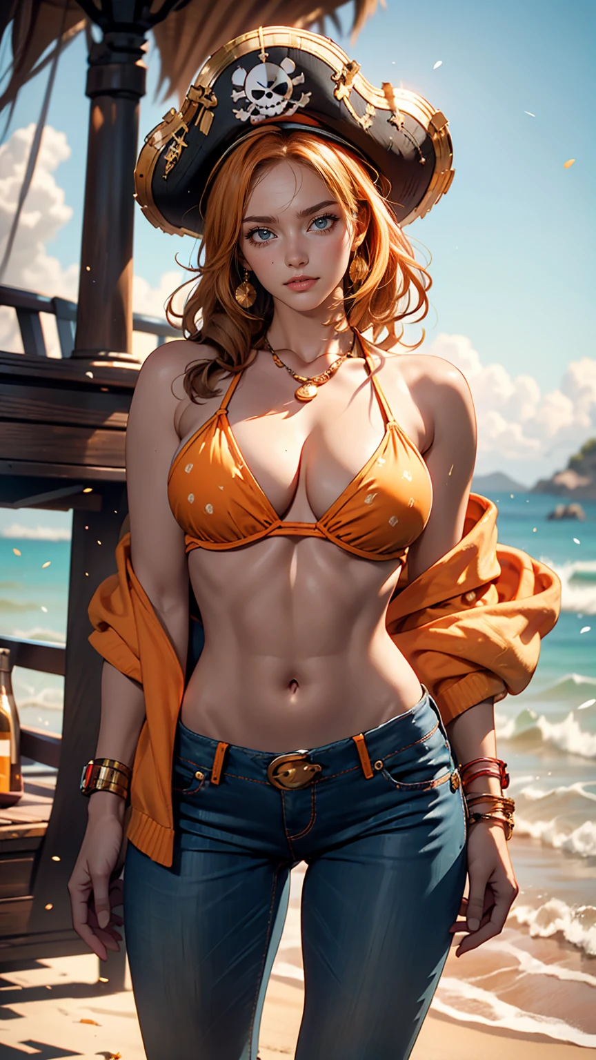 Very beautiful Nami (one piece), Subtle makeup, Moneyen hour, Realistic, High Contrast, 8K HD, detailed, hyper-detailed, Realistic skin texture, orange long hair, Bikini top only, Blue pants, Large Breasts, highest quality, Ultra-high resolution, RAW Photos, Dramatic lighting, Unreal Engine, Diffuse Light, Outdoor, realistic detailed onep piece pirate ship, Treasure Chest, Money, Money coins, Money bars.