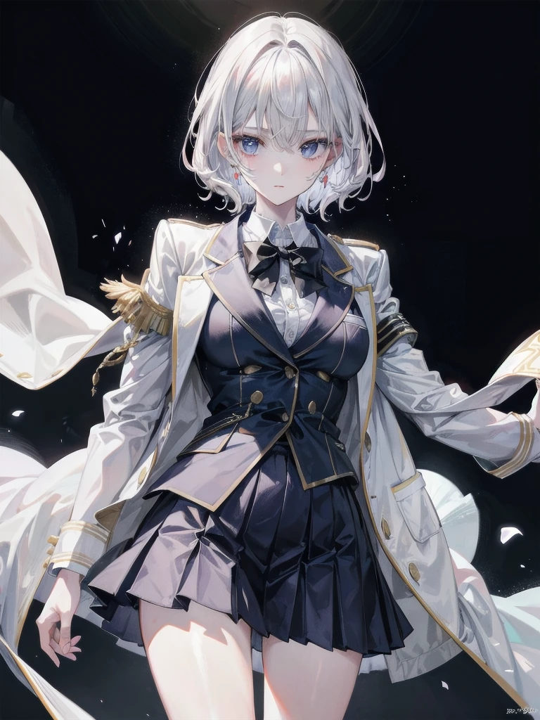 school_uniform, blazer, absurdres, RAW photo, extremely delicate and beautiful, masterpiece, Best Quality, ultra high resolution, 32k, hyperrealistic, ultra-detailed, detailed description, pale skin, 20 years old, tearful mole, earring, short medium hair, wavy hair, whole body shot,