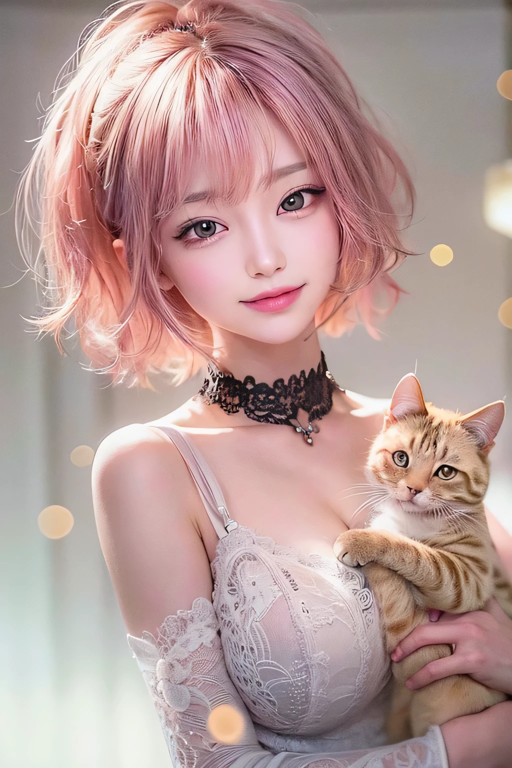 masterpiece, 1 Beautiful girl, Fine grain, highest quality, Ultra High resolution, (reality: 1.4), Cinema Lighting, Beautiful Skin, (Ultra-realistic), (High resolution), (8k), (Very detailed), ( Best illustrations), Pouting slightly,  (Crystal colorful lights), Extremely refined and beautiful, beautiful detailed eyes, Round eyes, detailed facial features, (Round pupils:1.4), (alluring face), smile:1.3, Smiling lips, Smile, Beautiful girl, (Medium breasts:1.3), A shallow smile, Open lips, (Beautiful and detailed face, Beautiful and delicate eyes), pink cheek, mascara, pink hair, short hair, (talking to a cat:1.3), off shoulder,  moonlit night, shining moon, (full body:1.3), (from below:1.2), hold a cat, Staring at each other with a cat,