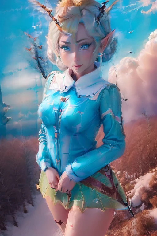 masterpiece, 8k, Perfect lighting, , Adult, woman, , Cinema Lighting, Cowboy Shot, ((Viewer))(Tinkerbell:1.5), (TinkerbellWaifu:1.1), Single hair bun, (緑のwinter用コート), (Green clothes), ((clothes made from leaves)), Pointy Ears, blue eyes, (fine grain:1.2), blush, ,(((上 fly in the sky))), ((((fly in the sky:1.8)))), cloud, , winter, snow, forest, island,