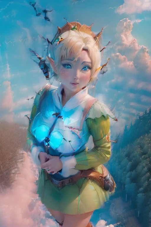 masterpiece, 8k, Perfect lighting, ,Adult , woman, View Viewer, Cinema Lighting, Cowboy Shot, (Tinkerbell:1.5),( (TinkerbellWaifu:1.1)), Single hair bun, (Green winter coat), (Green clothes), ((Clothes made from leaves)), Pointed Ears, blue eyes, (Fine grain:1.2), blush, Shrank,(((Flying in the sky))), (((fly in the sky:1.8))), cloud, , winter, snow,