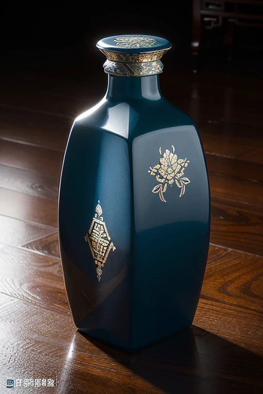 "Generate a 3D rendered image of a high-quality, intricate, and elegant Chinese liquor bottle for 'Xingde Baijiu'. The bottle should have a total height exceeding 25 centimeters with a shorter neck. Both the body and the cap of the bottle are made of opaque ceramic material, emphasizing its traditional Chinese craftsmanship and cultural heritage. The bottle should feature a three-dimensional, substantial silhouette with a surface adorned with elegant undulating wave patterns. The overall design should exude balance and refinement, evoking the image of a noble and refined gentleman. The bottle cap should be a square, ornate ceramic piece, adorned with elaborate patterns to impart a sense of grandeur and volume. The color scheme should be subdued and elegant, with deep blue accents for the wave patterns. The surface of the bottle should be decorated with vertically undulating wave motifs, utilizing relief and carving techniques to enhance texture and detail. The packaging design draws inspiration from bamboo scrolls, complementing the bottle design. Elements such as bamboo nodes, shadows, scrolls, and hexagrams in the 'Xingde' packaging design embody the philosophy of 'Drink Xingde, appreciate the wisdom of I Ching, and cultivate a gentleman’s demeanor'. The rendering should capture every detail of the bottle, exemplifying the pursuit of perfection."