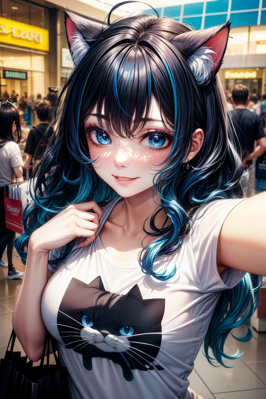 selfie, hair behind ear, makeup, dark blue hair, blue hair, black hair, blue and black gradient hair, messy hair, wavy hair, cat ears, long hair, blue eyes, mall, shopping centre, smile, breasts, tshirt