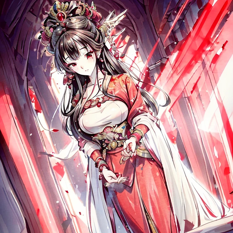 masterpiece, best quality,Princess in red martyred，Ancient martial arts beauty，Cool and beautiful temperament，Elegant hair accessories，Vomiting blood，The look of compassion makes people feel distressed，Beautiful eyebrows，Wearing ancient red dress standing on the high platform，Visual audience，Mid-chest，4K