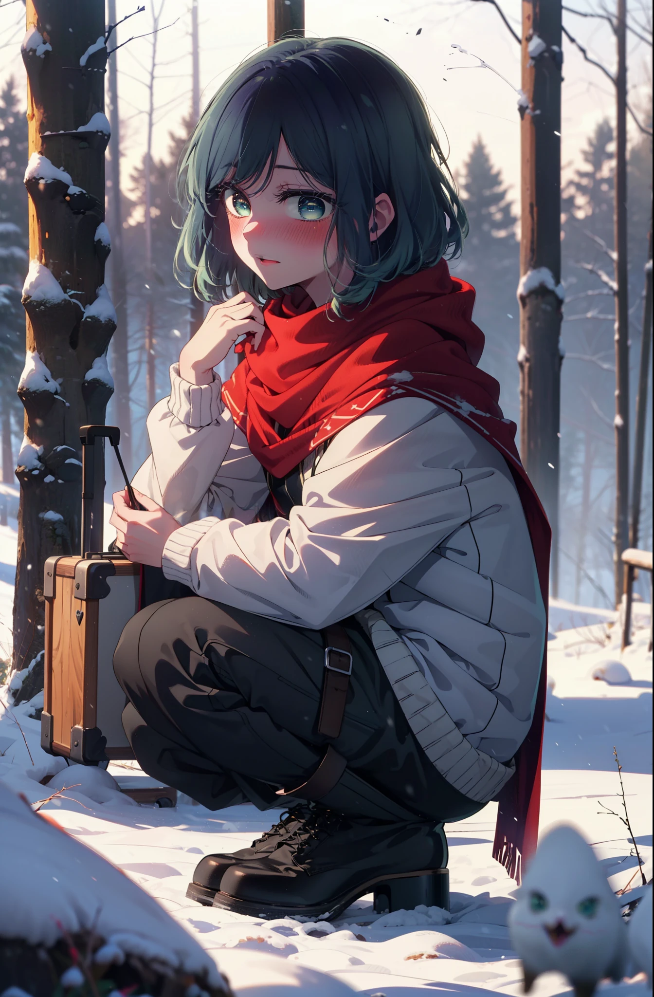 akanekurokawa, akane kurokawa, bangs, (Green Eyes:1.3), Blue Hair, Medium Hair, dark Blue Hair,smile,blush,White Breath,
Open your mouth,snow,Ground bonfire, Outdoor, boots, snowing, From the side, wood, suitcase, Cape, Blurred, , forest, White handbag, nature,  Squat, Mouth closed, Cape, winter, Written boundary depth, Black shoes, red Cape break looking at viewer, Upper Body, whole body, break Outdoor, forest, nature, break (masterpiece:1.2), highest quality, High resolution, unity 8k wallpaper, (shape:0.8), (Beautiful and beautiful eyes:1.6), Highly detailed face, Perfect lighting, Extremely detailed CG, (Perfect hands, Perfect Anatomy),